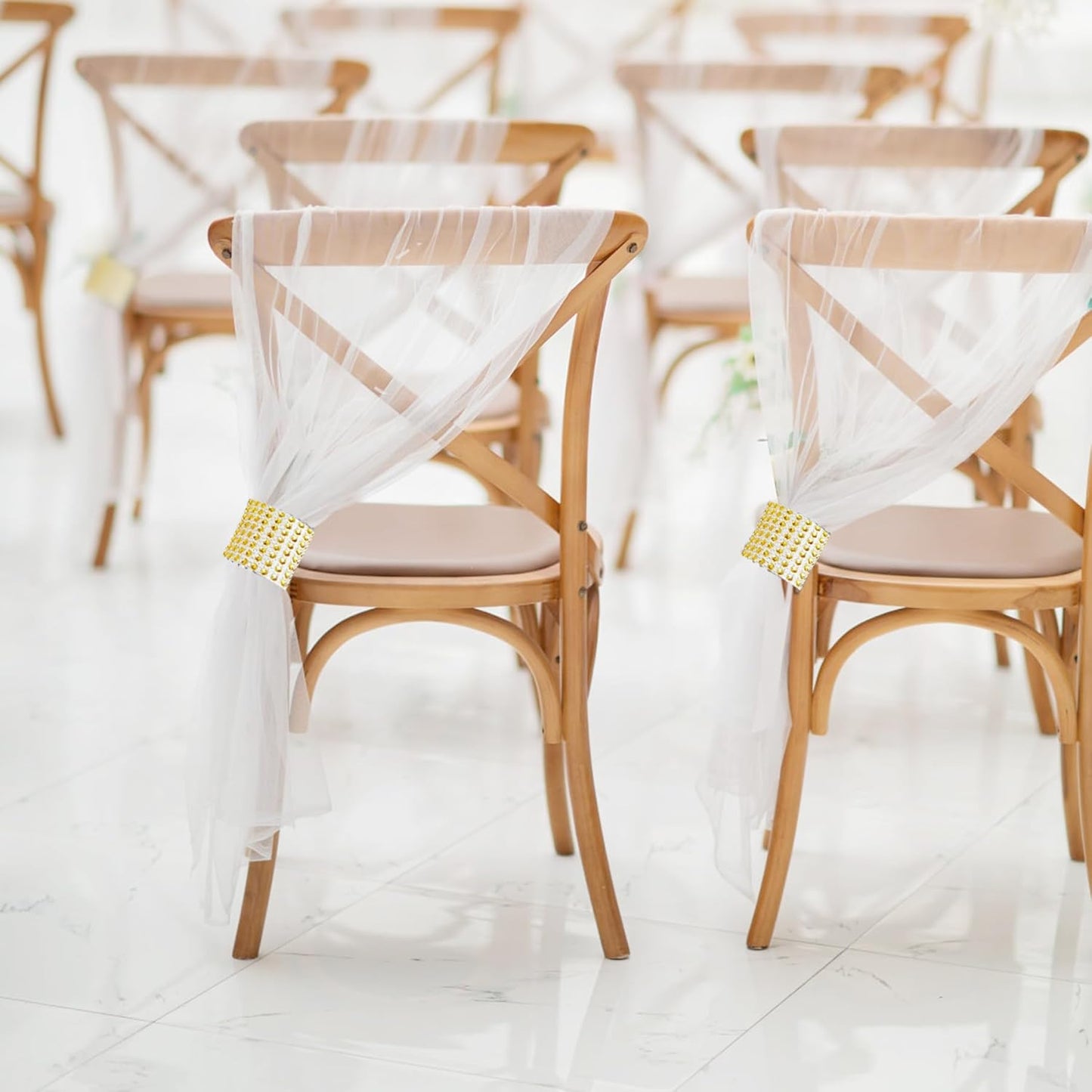 Large White Pew Bows Tulle Wedding Aisle Chair Decorations, Extended Church Pew Decor Aisle Flowers Runner for Weddings Ceremony Outside Decorations (38, Gold Wrap)