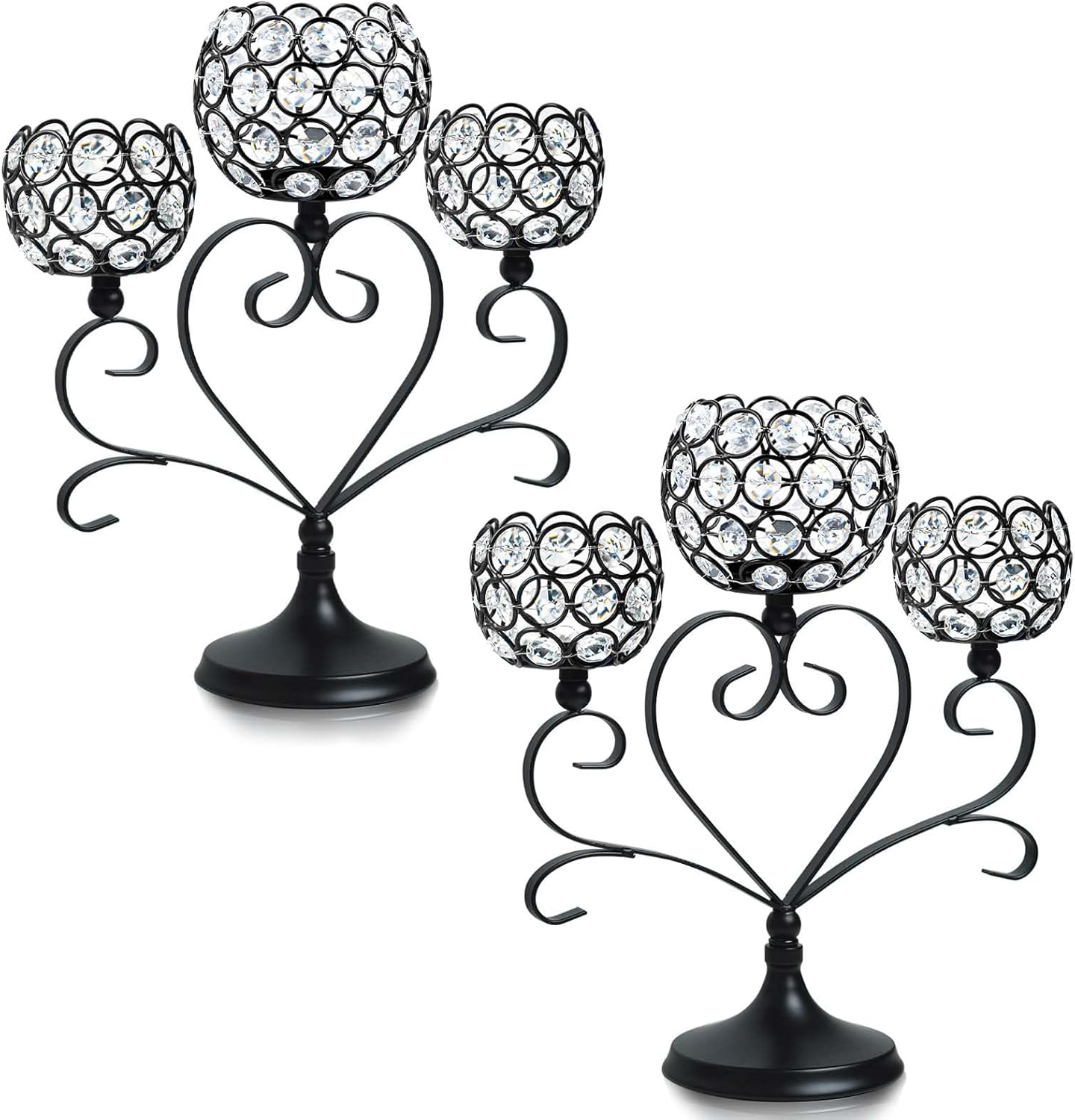 2 Pcs 3-Arm Heart Tea Light Candle Holder - Crystal & Metal Wedding Centerpiece Decor, Sparkling Table Decor for Anniversaries/Romantic Tabletop Home/Dinner Party/Events (2, Black)