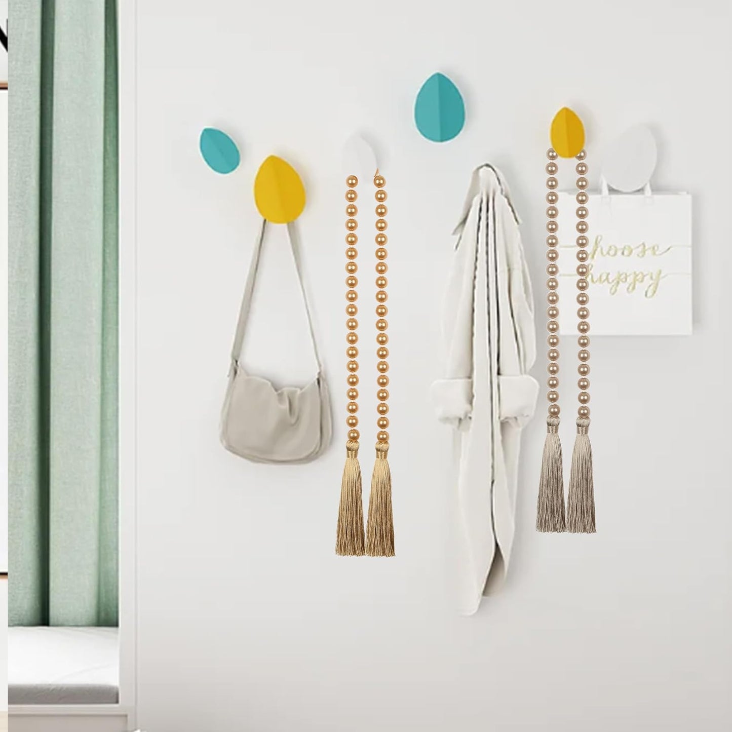 Fenghuangwu 34 Inch Pearl Glass Bead Garland with Tassels - Elegant Boho Table Decor, Fringe Wall Hanging for Wedding, Party, Farmhouse Rustic Prayer Bead Home Decoration(1 Pack,Off White)