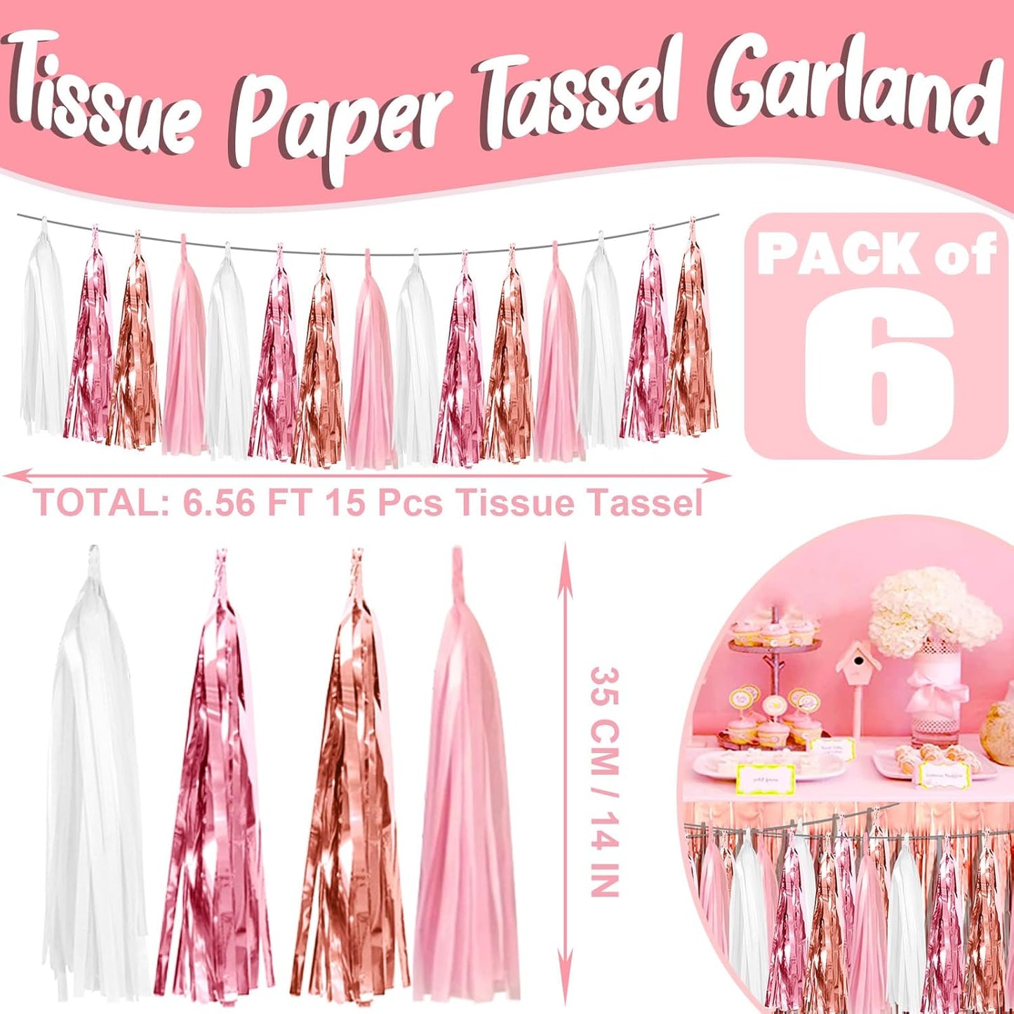 6P Pink White Peach Rose Gold Tassels Foil Fringe Metallic Garland Banner, Tassels Banner Streamers for Parade Floats, Bachelorette, Wedding, Birthday, Christmas, Bridal/Baby Shower Party Decorations