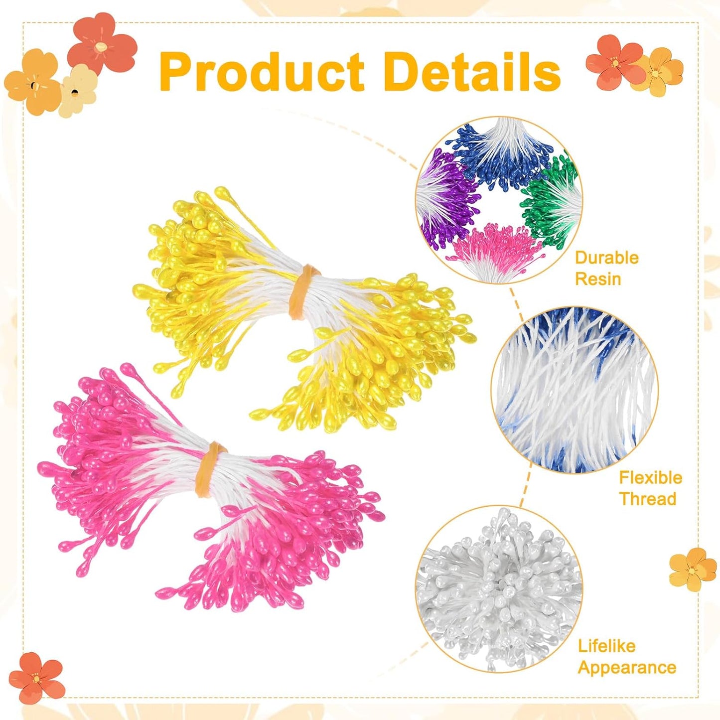 900-Pack Flower Stamens for Crafts, 5mm Double Heads Artificial Pearl Floral Pistil Mini Flower Pollens Stamens for DIY Making/Scrapbook Decoration [Green and 5 Colors]