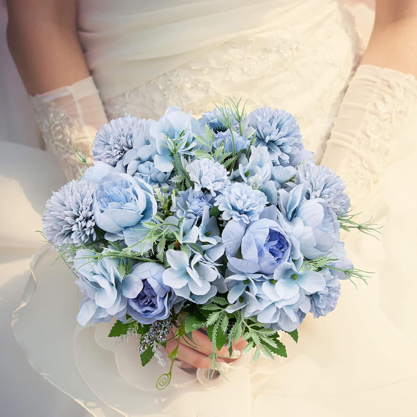 6 Pack Artificial Flowers, Fake Faux Peony Silk Hydrangea Plastic Carnations Daisy Realistic Flower Arrangements for Wedding Decoration Table Centerpieces, for Home Office Party Decor (Blue)