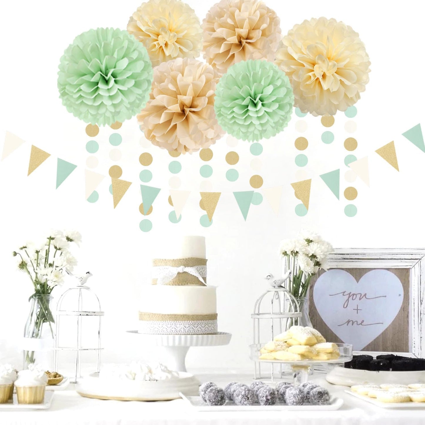 Sage-Green Gold-Champagne Party Decorations - 23pcs Neutral Birthday Baby Shower Tissue Pom Poms Streamers, Boho Wedding Bachelorette Engagement Tassel Garland Banner,Bridal Decor Suppilies Ouruola