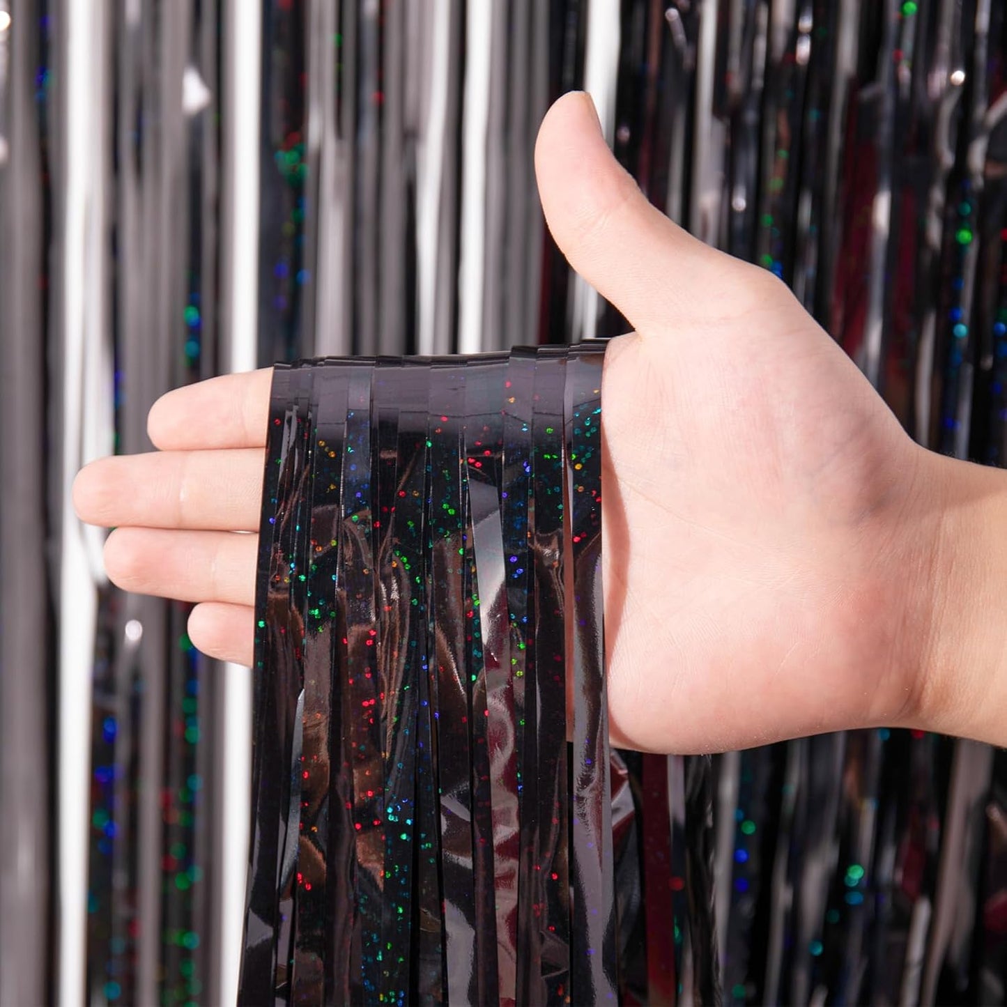 3 Pack 3.3 x 8.2 ft Laser Black Foil Fringe Backdrop Curtains, Tinsel Streamers Birthday Party Decorations, Fringe Backdrop for Graduation, Baby Shower, Gender Reveal, Disco Party