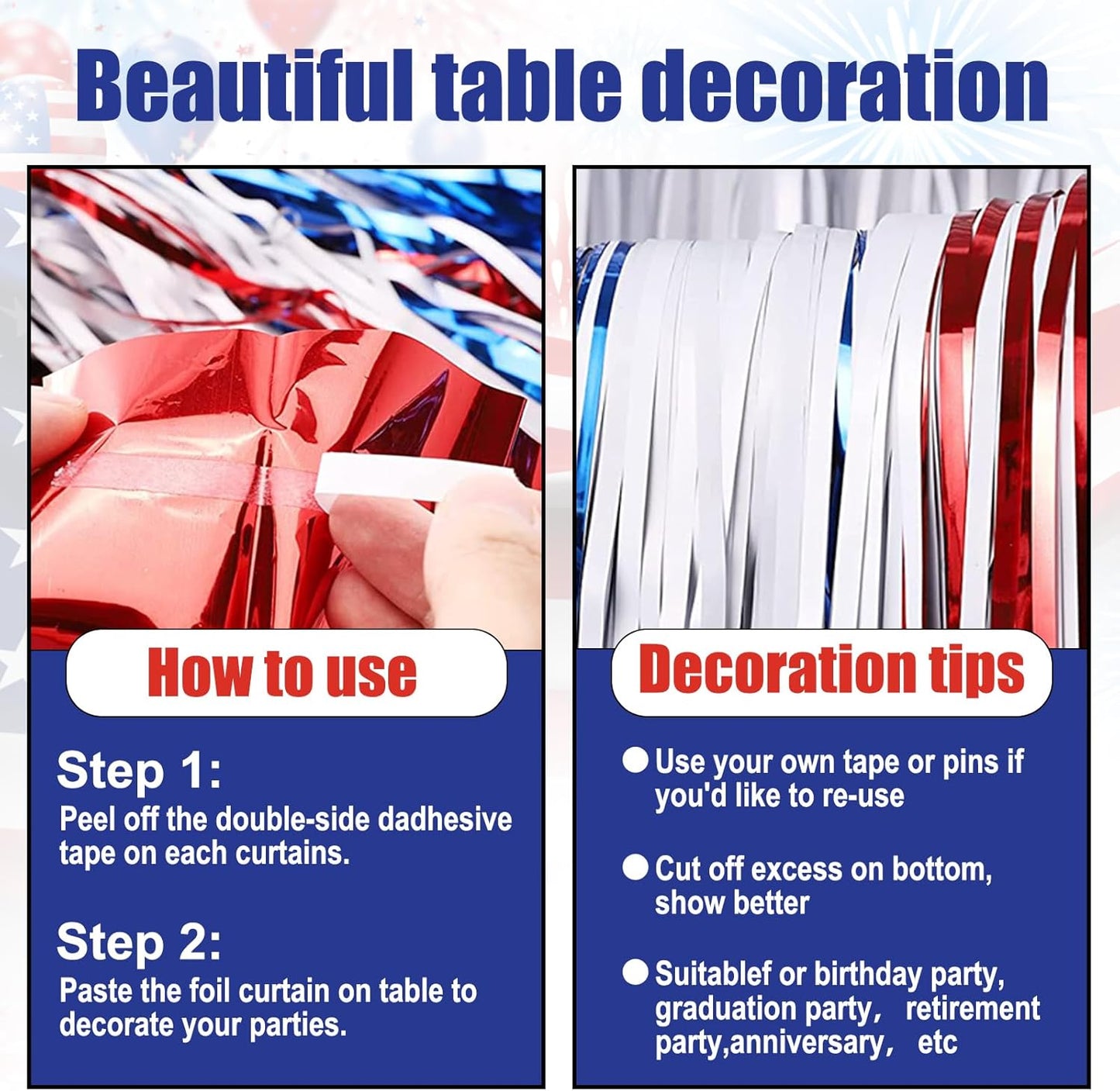 3 Pack 29 x108 Inch White Blue Red Foil Fringe Table Skirts Metallic Banner for Tinsel Streamer Garland Backdrop for Parade Floats Wedding Thanksgiving Birthday Christmas New Year Party Decoration