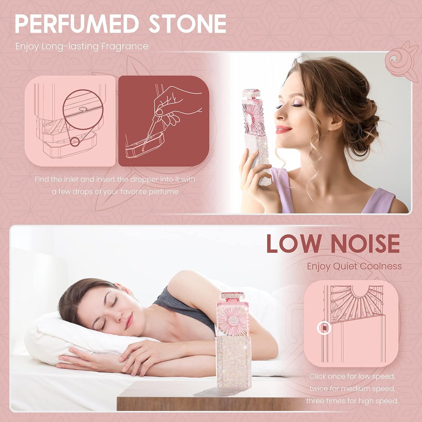 Bling Handheld Personal Fan, Rechargeable with 3 Speeds, Crystal Pull-out Portable Cooling Fan for Girls, Women - Pink Rhinestones