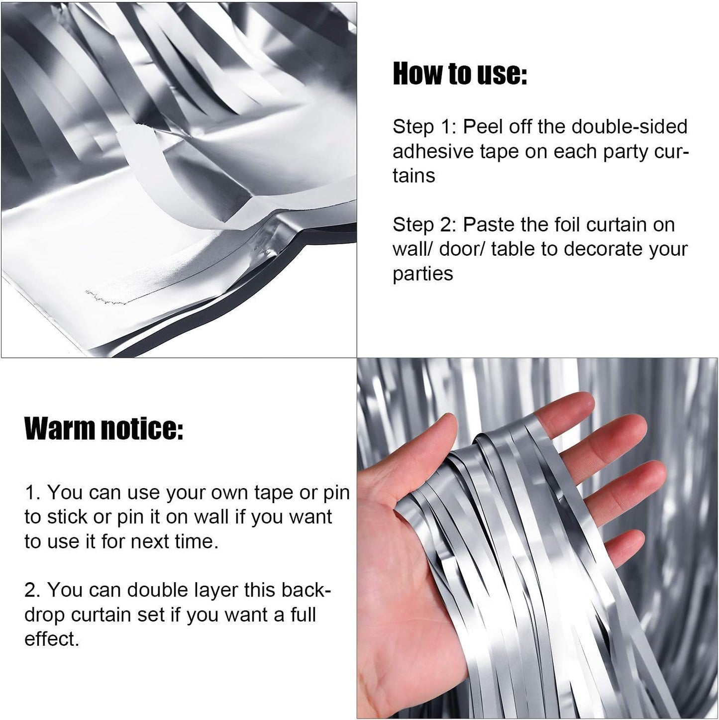 BEISHIDA 2 Pcs Silver Door Streamers Tinsel Curtain Party Streamers Backdrop Fringe Foil Wall Background for Birthday Halloween Christmas Wedding Party Decoration(3.28 ft x 6.56 ft)