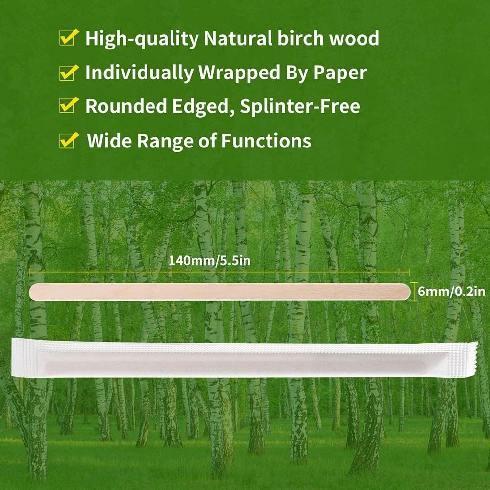 500pcs Individually Wrapped Wooden Coffee Stirrers - 5.5" Coffee Stir Sticks, Round End Disposable Stir Sticks, For Coffee, Cocktail and Hot Drinks