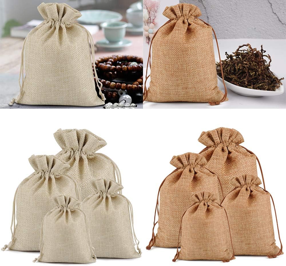 Lucky Monet 25/50/100PCS Burlap Gift Bags Wedding Hessian Jute Bags Linen Jewelry Pouches with Drawstring for Birthday, Party, Wedding Favors, Present, Art and DIY Craft (100Pcs, Coffee, 4” x 6”)
