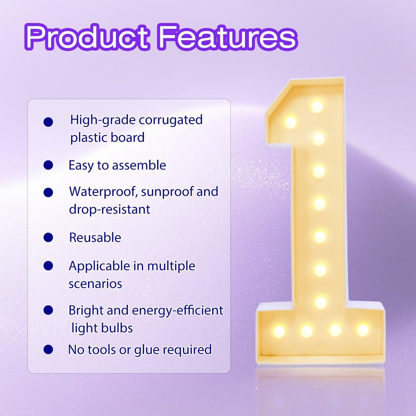 4FT Plastic Marquee Numbers 1 - Light up Numbers Are Made from Corrugated Plastic Board - Quick Assembly Without Tools, Disassembled Components Can Be Used for Photo Wall Decoration, Yard Sale Signs