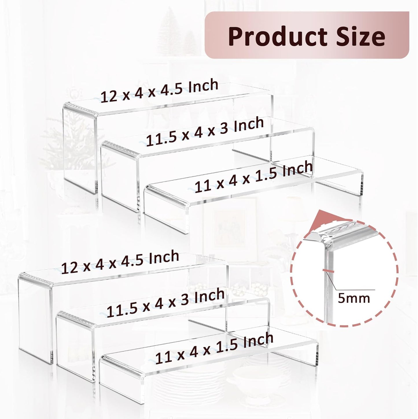 2 Set Large Acrylic Clear Display Risers, 3 Sizes 12" Rectangular Showcase Collectibles Display Shelf, 5mm Thick Desktop Display Stand Holder for Figures, Jewelry, Perfume, Toys