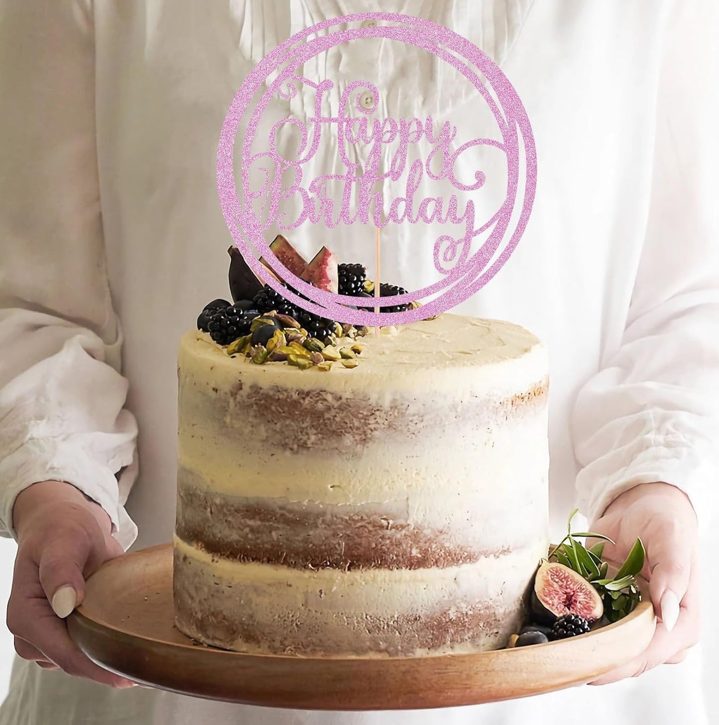 Happy Birthday Cake Topper - Pink Glitter Happy Birthday Cake Decoration Supplies for Children or Adults - Happy Birthday Cake Bunting Decor, Photo Booth Props