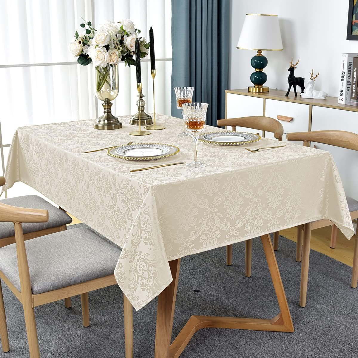 SASTYBALE Jacquard Tablecloth Rectangle 60 x 84 Inch Beige, Waterproof Dust Resistant Damask Table Cloth, Washable Fabric Table Cover for Dining Room, Party, Indoor, Outdoor (Off White, Oblong)