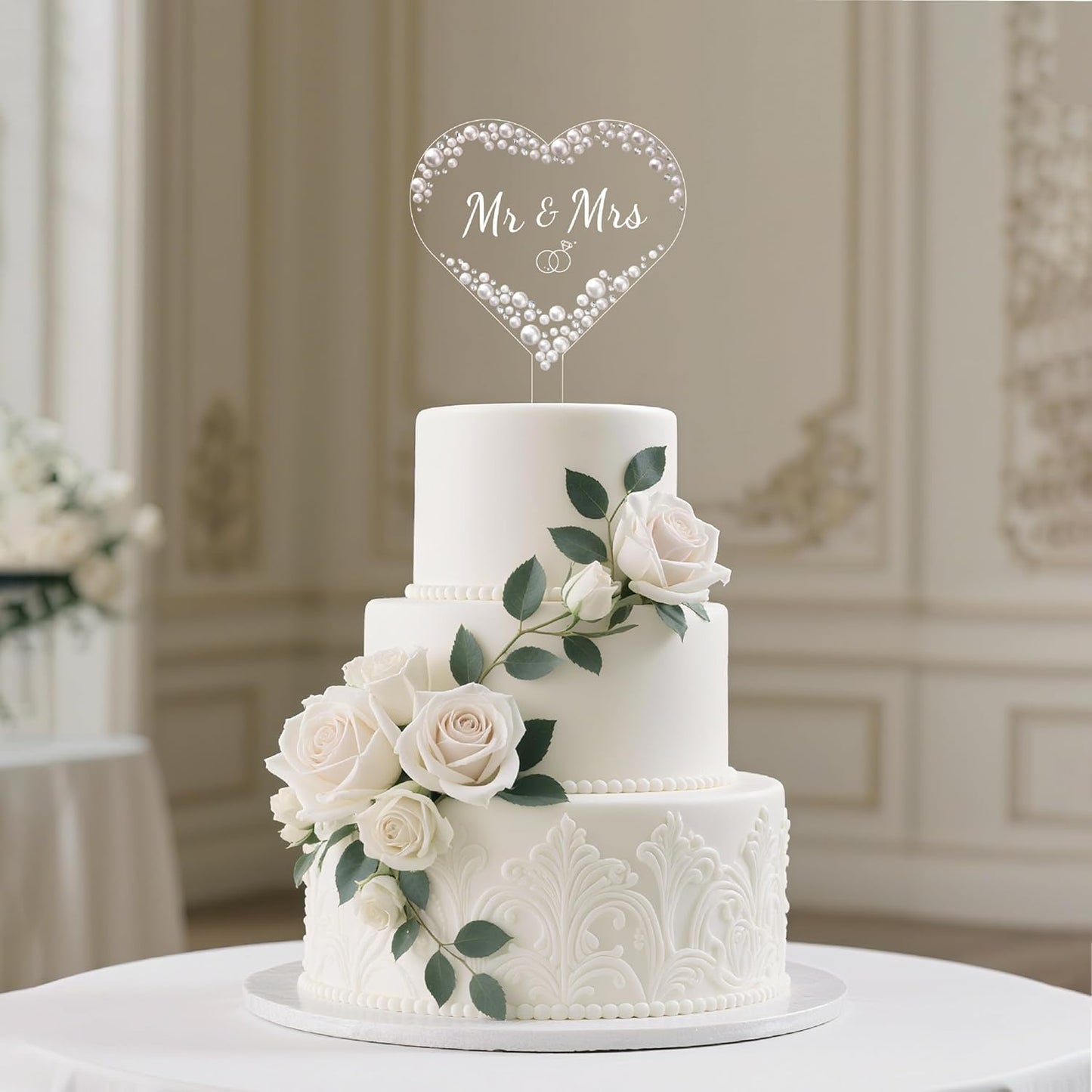 Coucoland Mr and Mrs Cake Topper - Heart Wedding Cake Decor with Rhinestones and Pearls for Engagement Bridal Anniversary