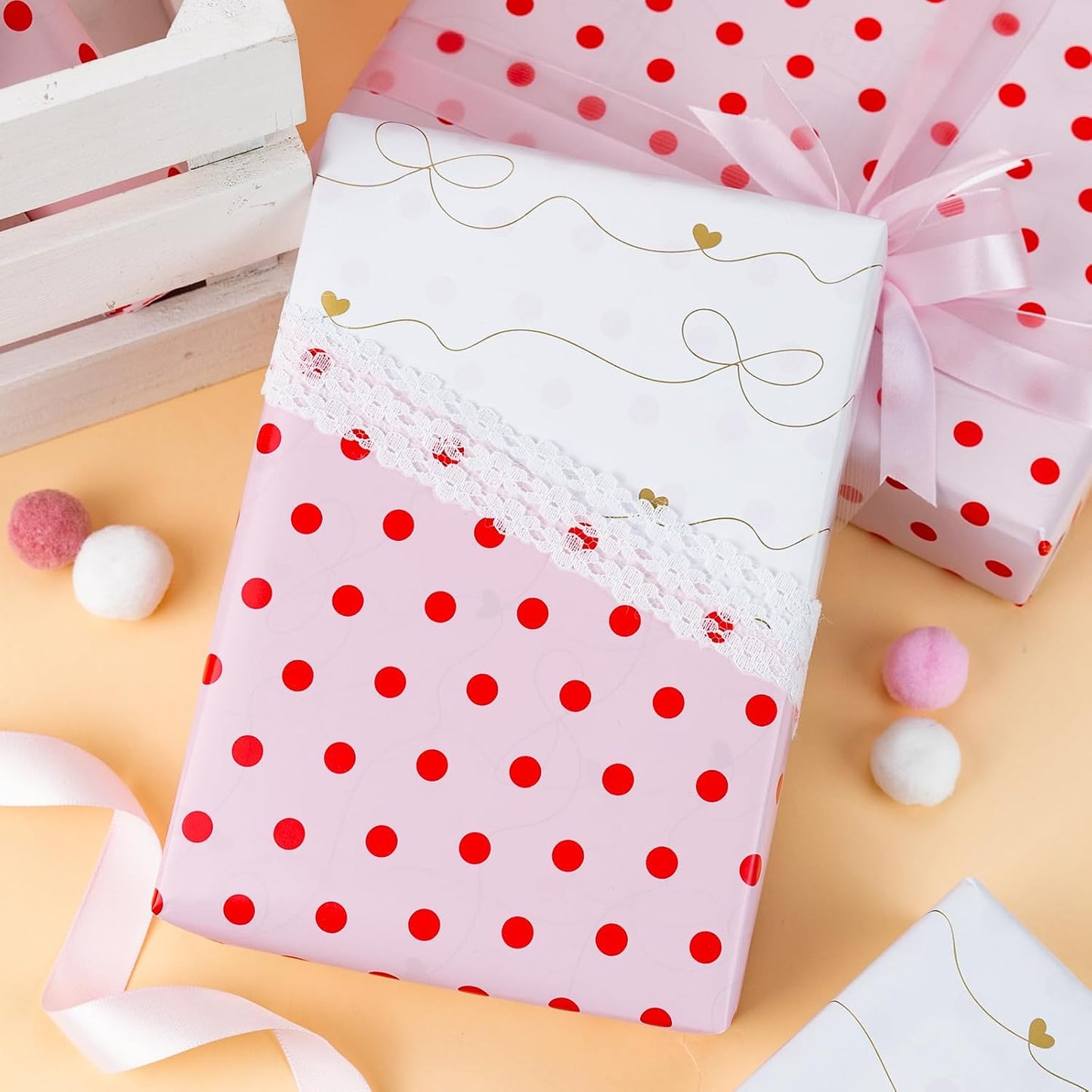Flyhill Red Polka Dot Wrapping Paper,Reversible Pink Gold Elegant Bow & Heart Gift Wrap Suitable for Birthday,Girls,Baby Shower,Wedding (17 Inch X 32.8 Feet)