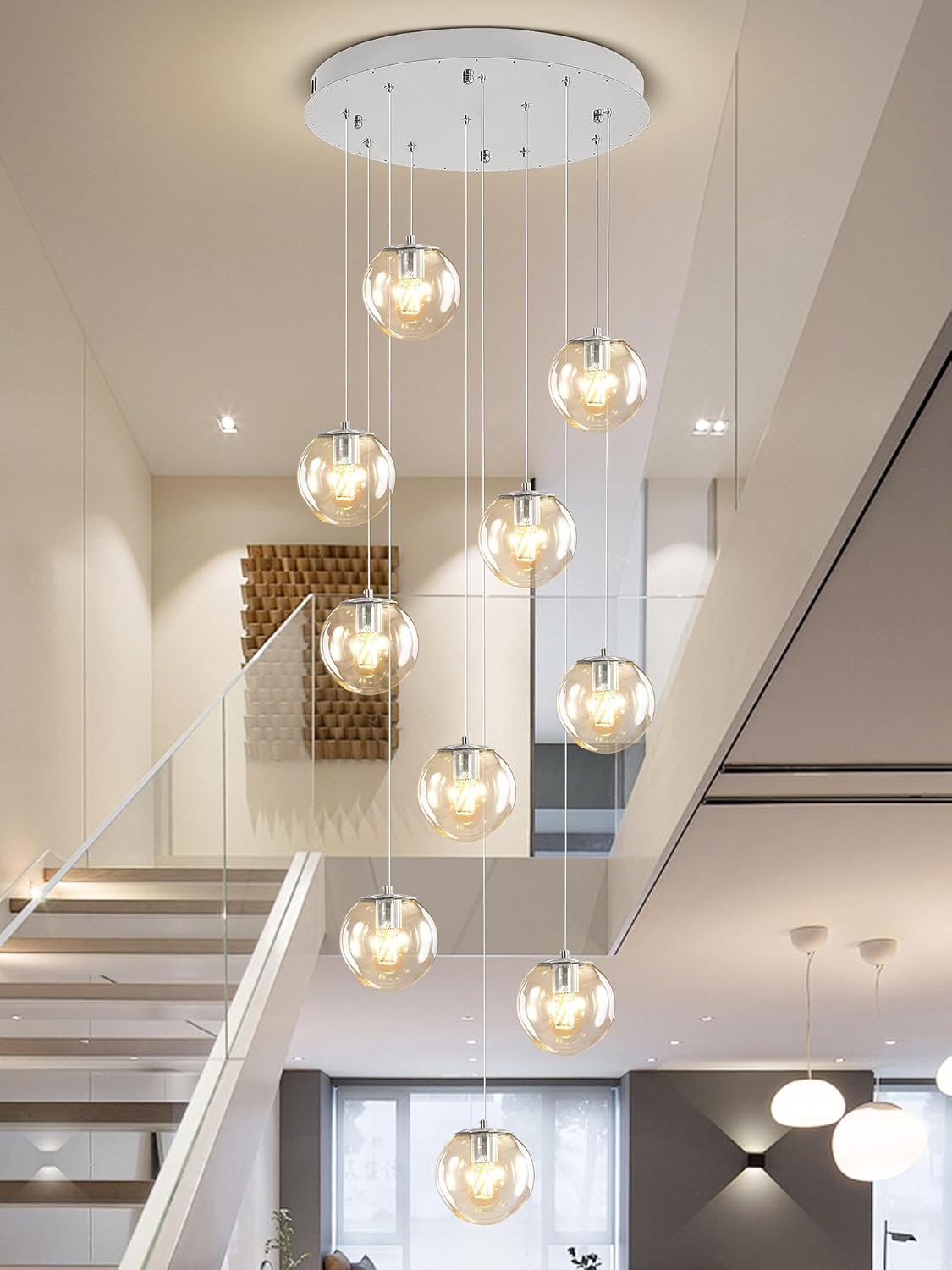 H118 Staircase Chandelier for Entryway Modern Globe Chandelier 12-Lights Glass Globe Pendant Light Large Chandeliers for High Ceiling Foyer Stairwell
