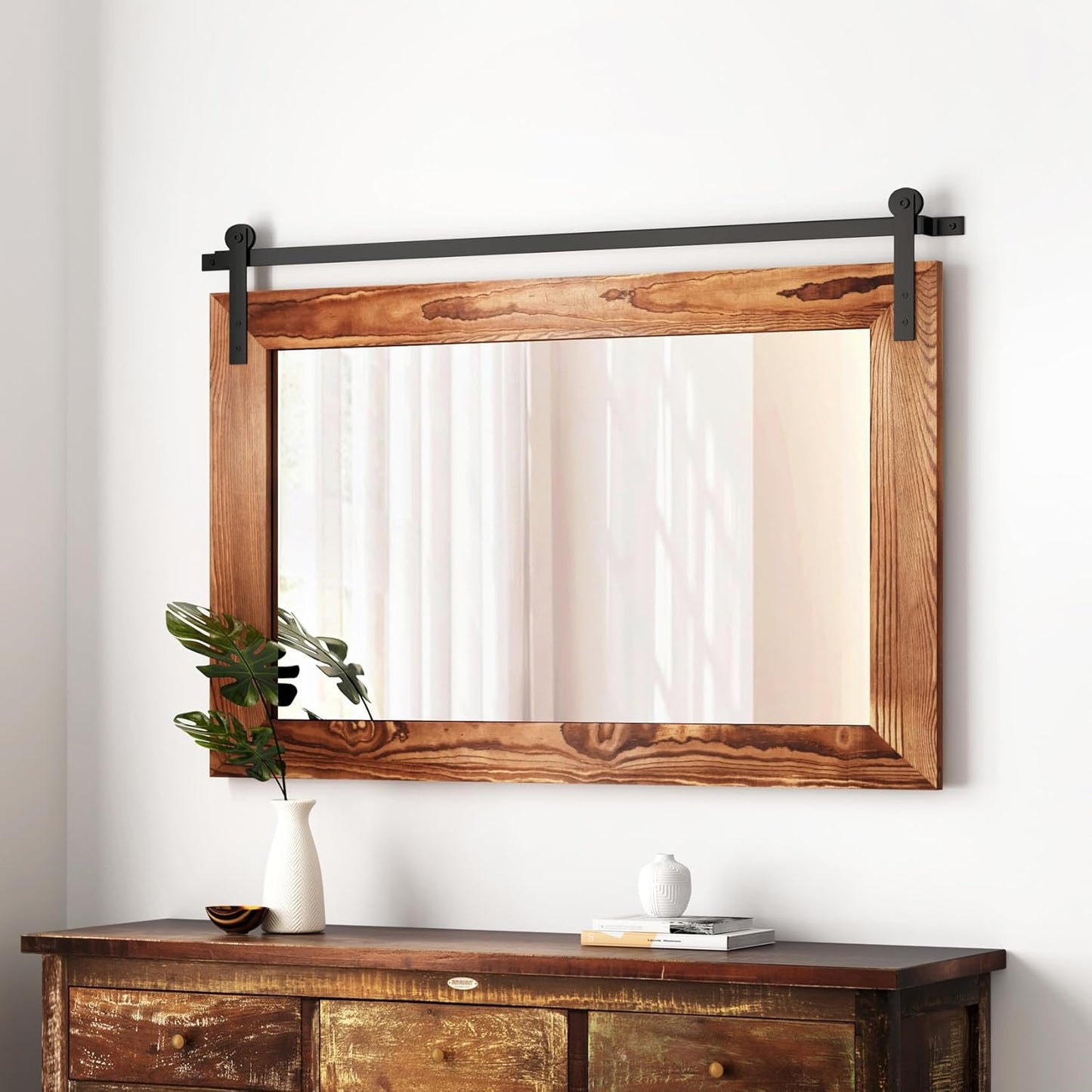 COGOOD Farmhouse Bathroom Mirror - 41" x 30" Rustic Barn Door Mirror for Living Room, Entryway, Bedroom, Vanity Wall Decor (Brown)