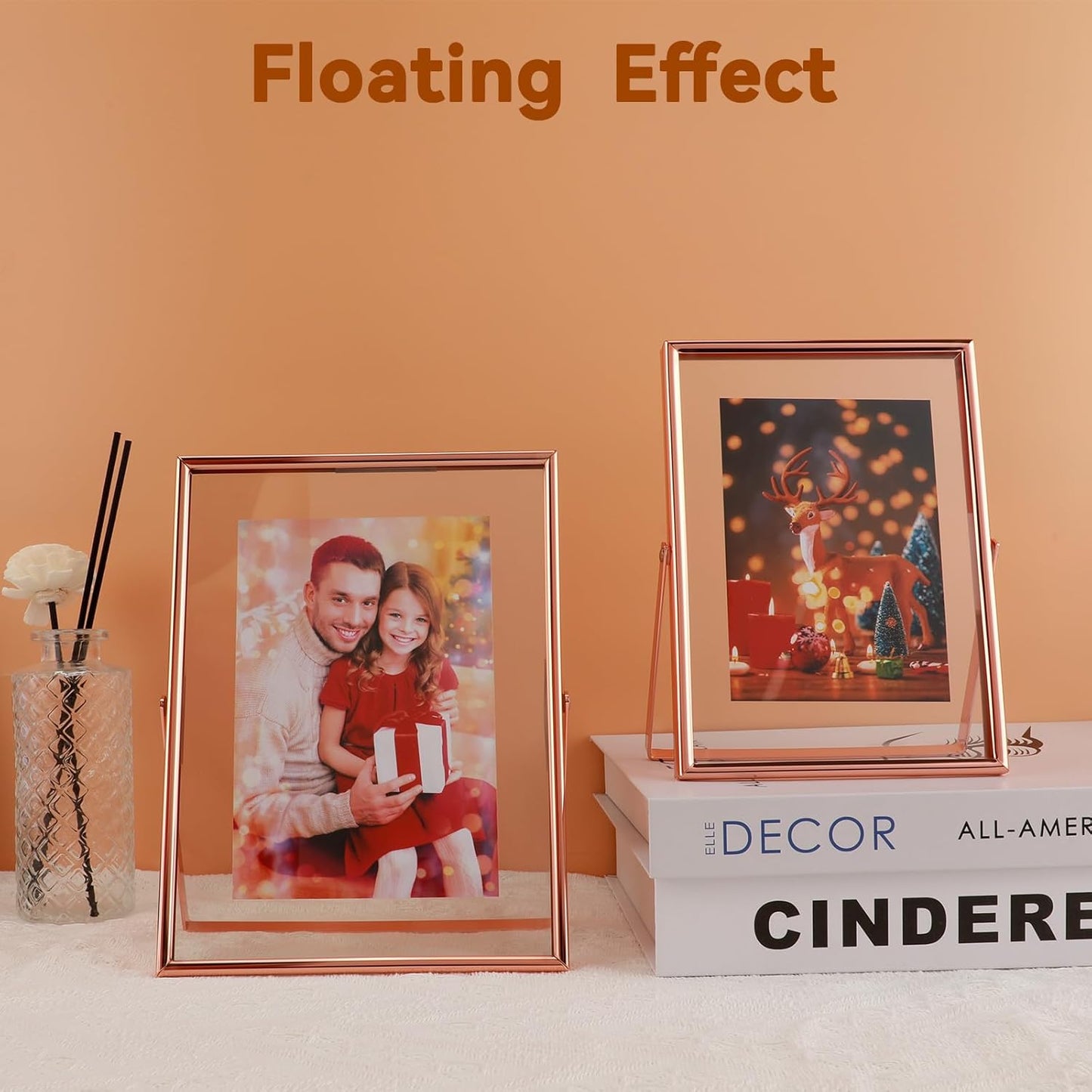 Rose Gold Floating Picture Frame, 6"x8", Vertical, For Picture 5x7, 4x6, 3x5, Medium Tabletop Photo Frame, Classy Gift For Holiday, Birthday or Wedding, Home or Office Décor