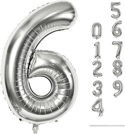 40" Silver Number 6 Balloon for Girls Boys, Large Self Inflating Helium Foil Number Balloons Set 0-9 for Women Men 6th 16th 60th Birthday Anniversary Wedding New Year Party Decorations Supplies