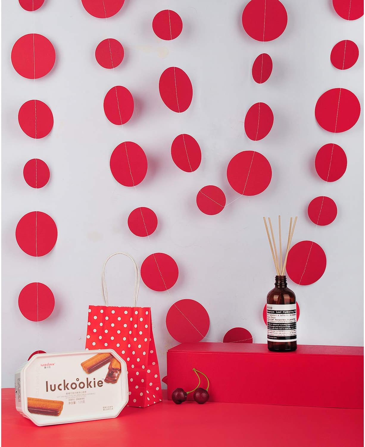 Red Paper Garland Circle Dot Party Banner Wall Streamers Backdrop Ceiling Hanging Decorations, 20 Feet in Total