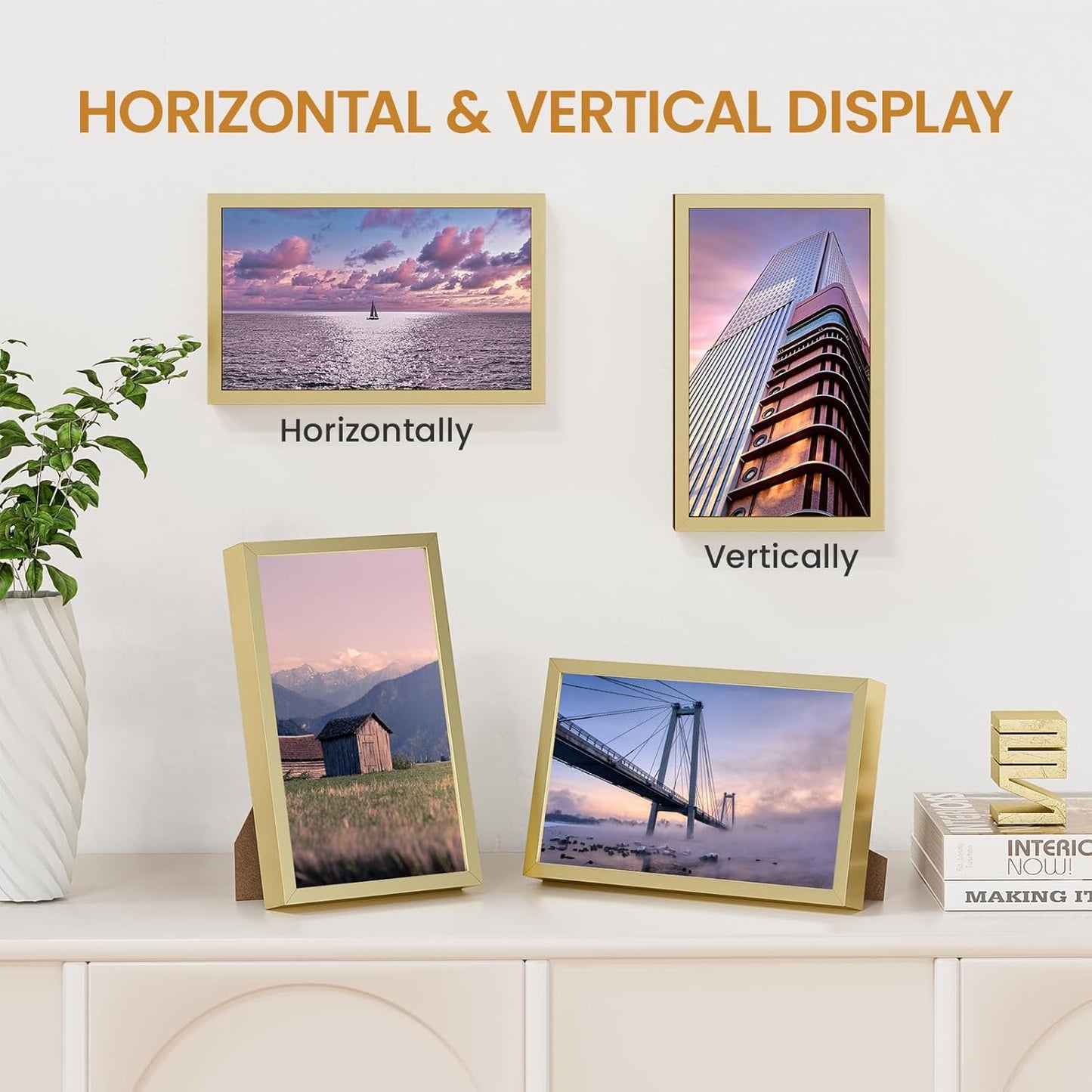5x8 Aluminum Metal Picture Frame,Tempered Glass Gold Photo Frame 5x8 for Family Photo,Posters,Art,Document to Wall Mount Horizontally or Vertically