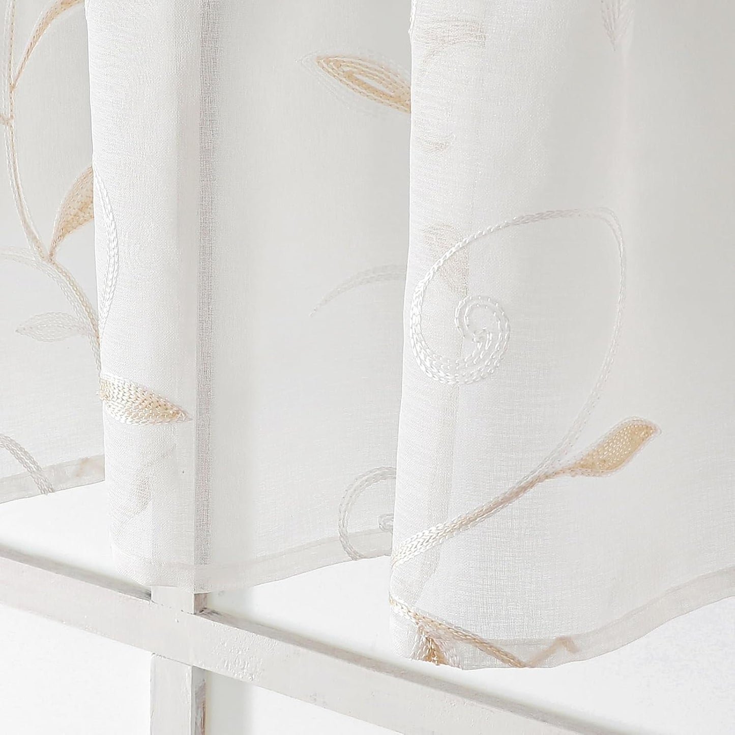 VISIONTEX Sheer Voile Curtain Valances, Decorative Leaves Embroidered, Rod Pocket Window Treatment for Kitchen/Rustic Bedroom/Living Room (54 x 16 Inch,1 Panel)