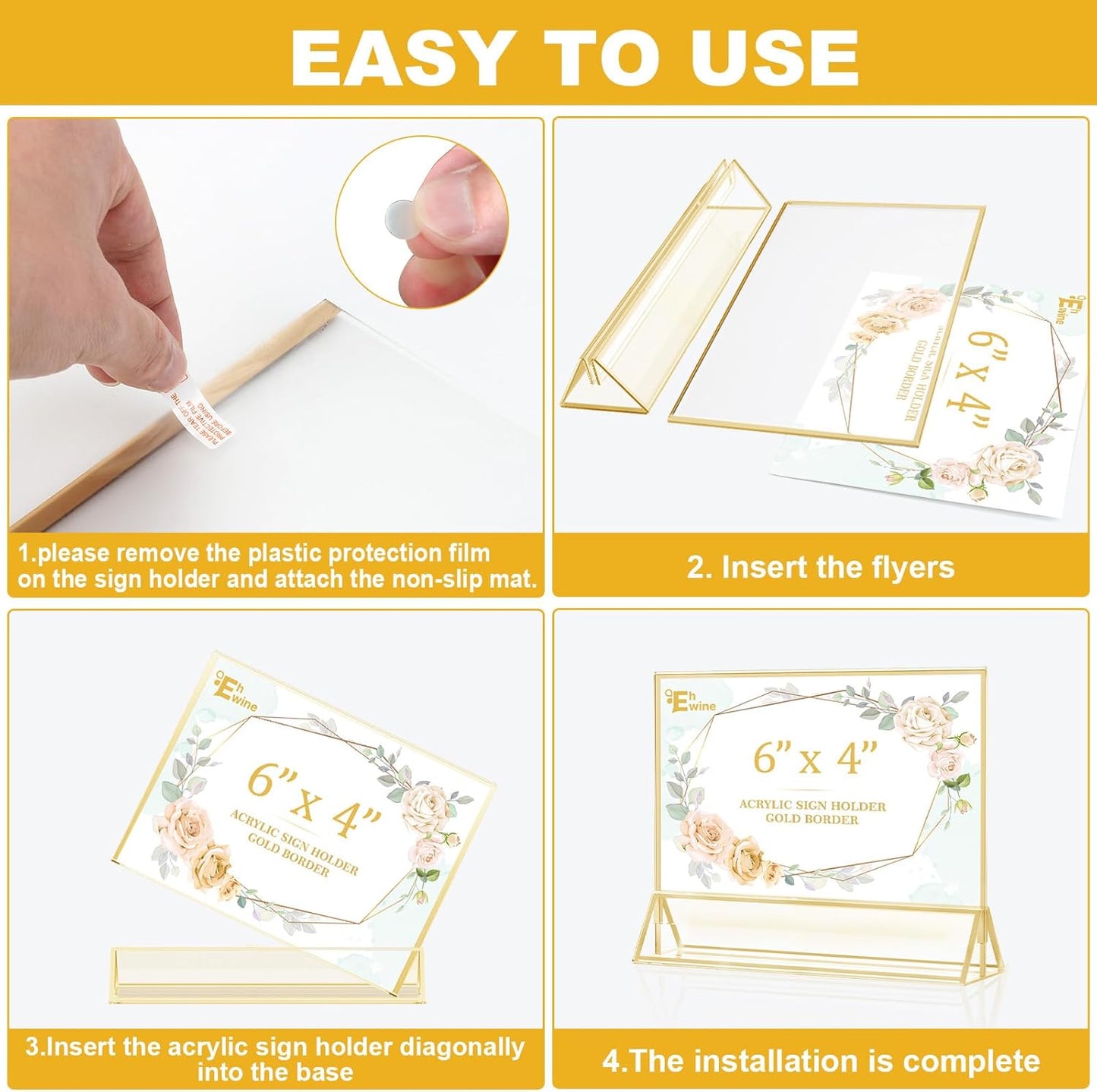 EHWINE 24 Pack Acrylic Sign Holder 4 x 6 Horizontal, Double-Sided Stand up Table Top Sign Holders, Gold Acrylic Picture Frame Menu Flyer Paper Holder Display Stand for Office Business Store Wedding Party