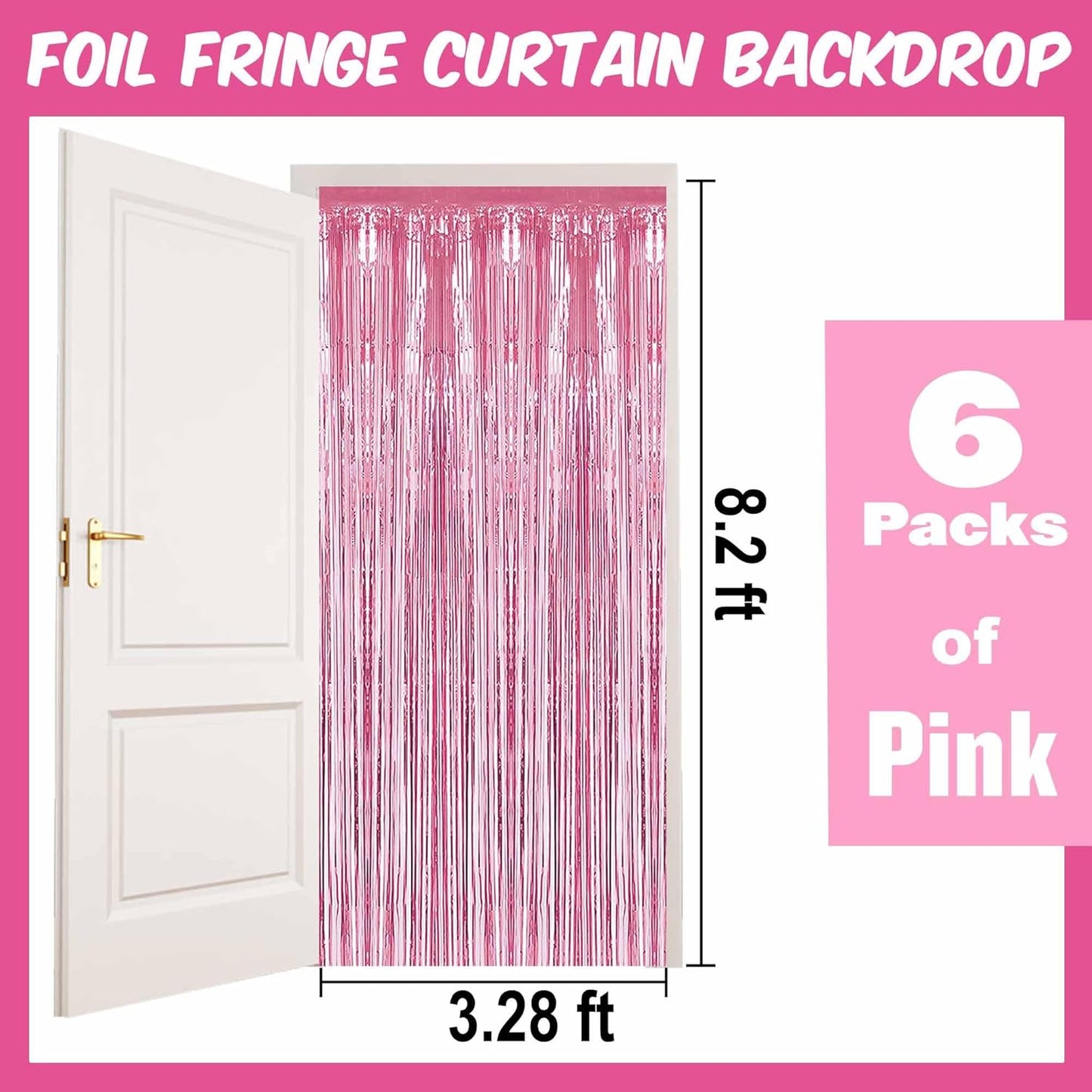6 Pack Pink Foil Fringe Curtains Backdrop, 3.28 x 8.2 Ft Metallic Streamers Tinsel Curtains Background for Photo Booth, Birthday, Weddings, Carnivals, Graduation, Themed Party Decorations