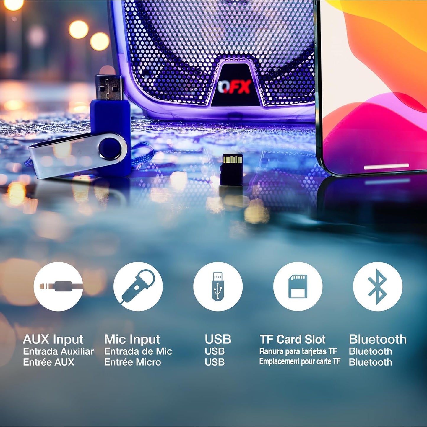 Crystal Clear Sound, Bright Party Lights, Portable & Easy to Use | 8" Rechargeable Bluetooth PA Karaoke Loud Party Speaker, 5-Hour Playtime | TWS, USB, TF, AUX, FM Radio | QFX | TMS-853