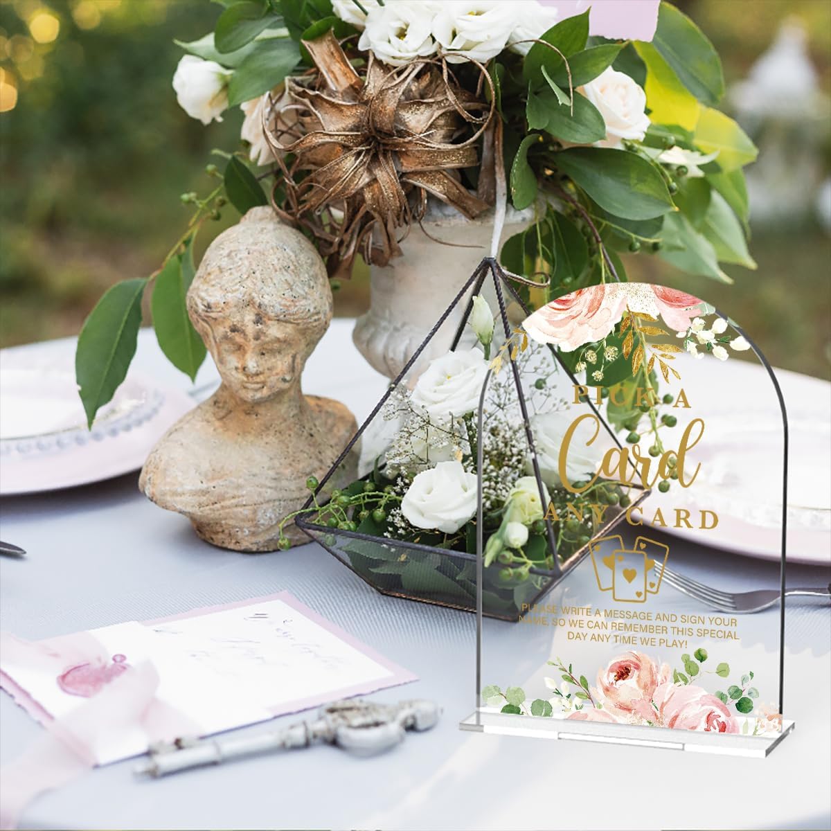 Acrylic Wedding Signs, Bridal Shower Decorations, Pick A Card Signs for Reception, Modern Calligraphy Arch Acrylic Table Top Sign for Wedding Reception and Engagement Parties (Clear Pink Flowers)