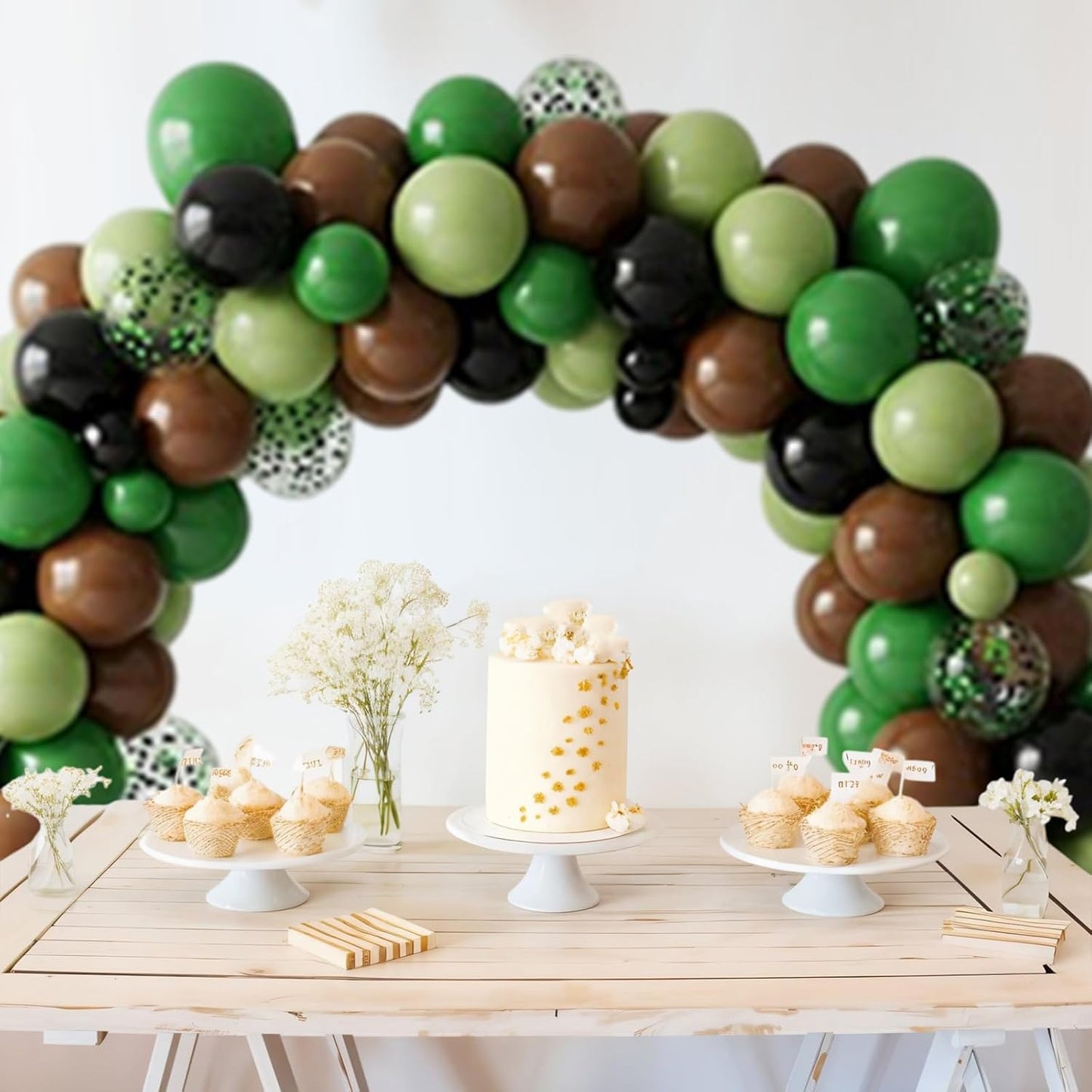 Green and Brown Balloons, 50PCS 12 Inch Camouflage Green Black Brown Ballons, Dark Emerald Green Confetti Balloon for Camping Game Jungle Theme Camo Birthday Army Party Decorations