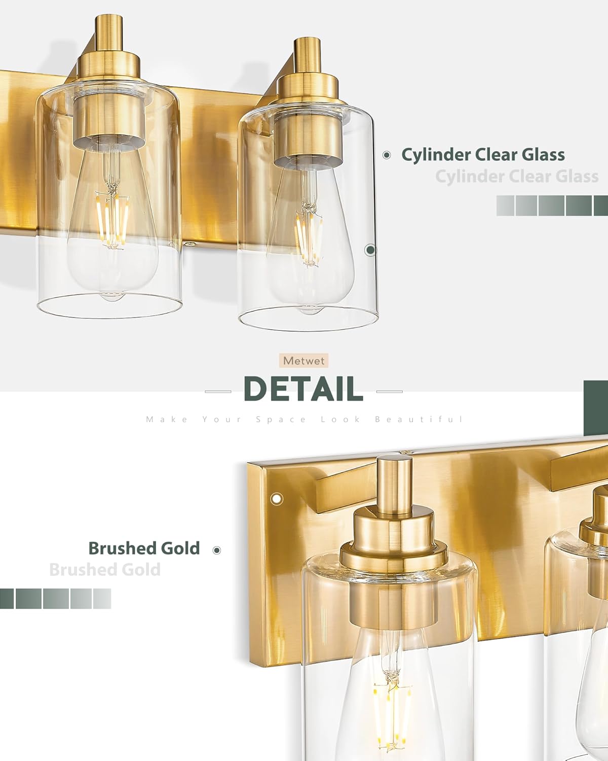 5-Light Bathroom Light Fixtures, 30 Inch Brushed Gold Vanity Light with Cylinder Clear Glass Shade, Modern Vanity Lighting Fixtures Over Mirror, VL143-BG-5
