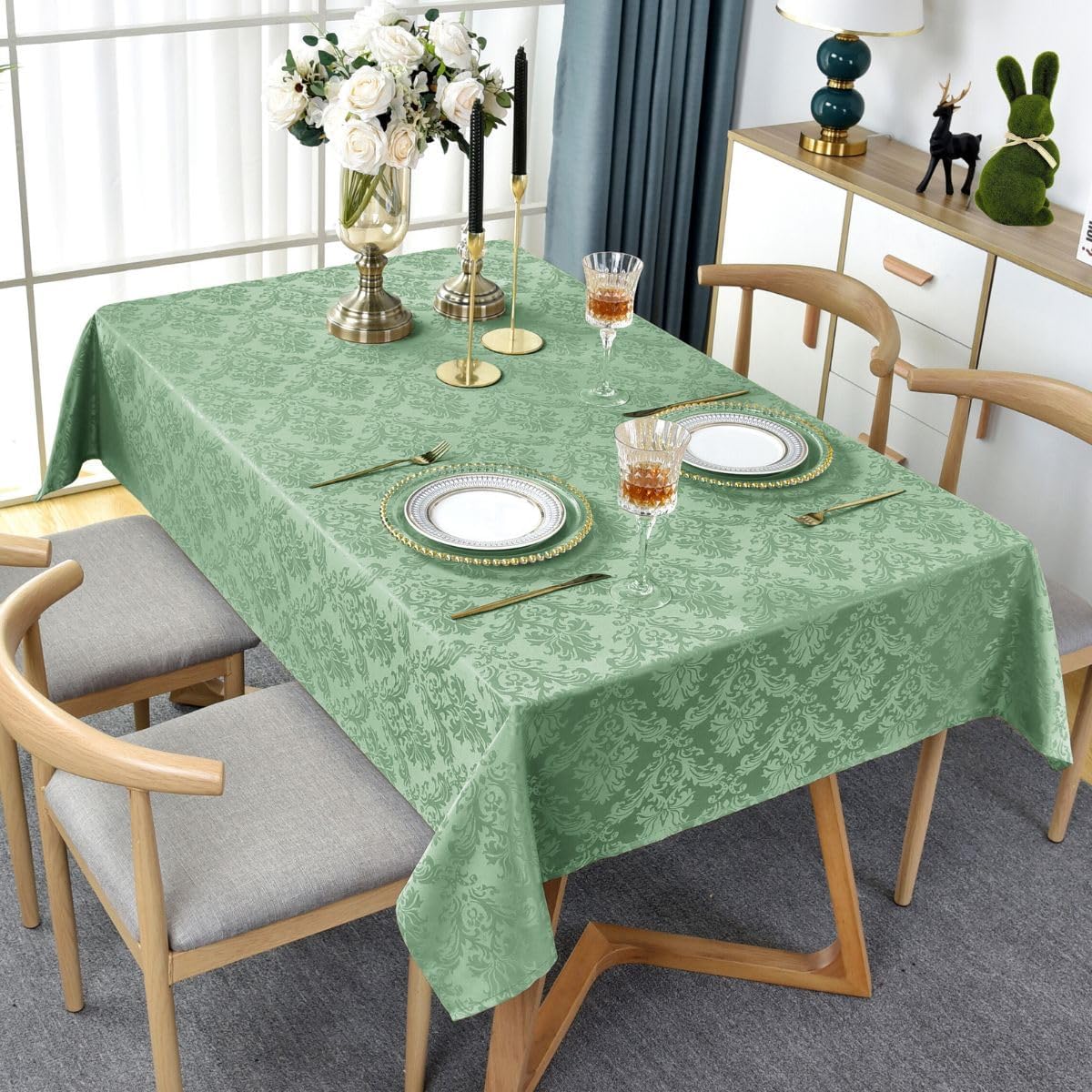 SASTYBALE Summer Tablecloth Rectangle, Spill-Proof Wrinkle Resistant Jacquard Fabric Table Cloth, Soft Polyester Damask Table Cover for Parties, Picnic, Dinner(60 * 84 inch, Oblong, Light Green)