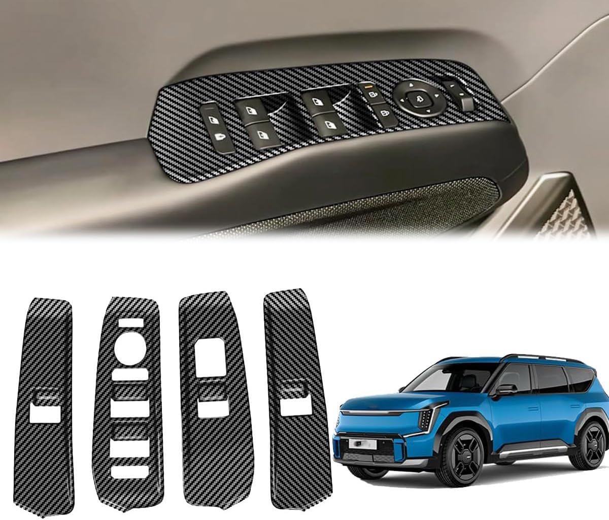 4pcs Carbon Fiber Style Front Rear Doors Window Glass Lift Switch Panel Cover Decorative Sticker Protection Car Interior Accessories for 2023-2025 KIA EV9 KT15