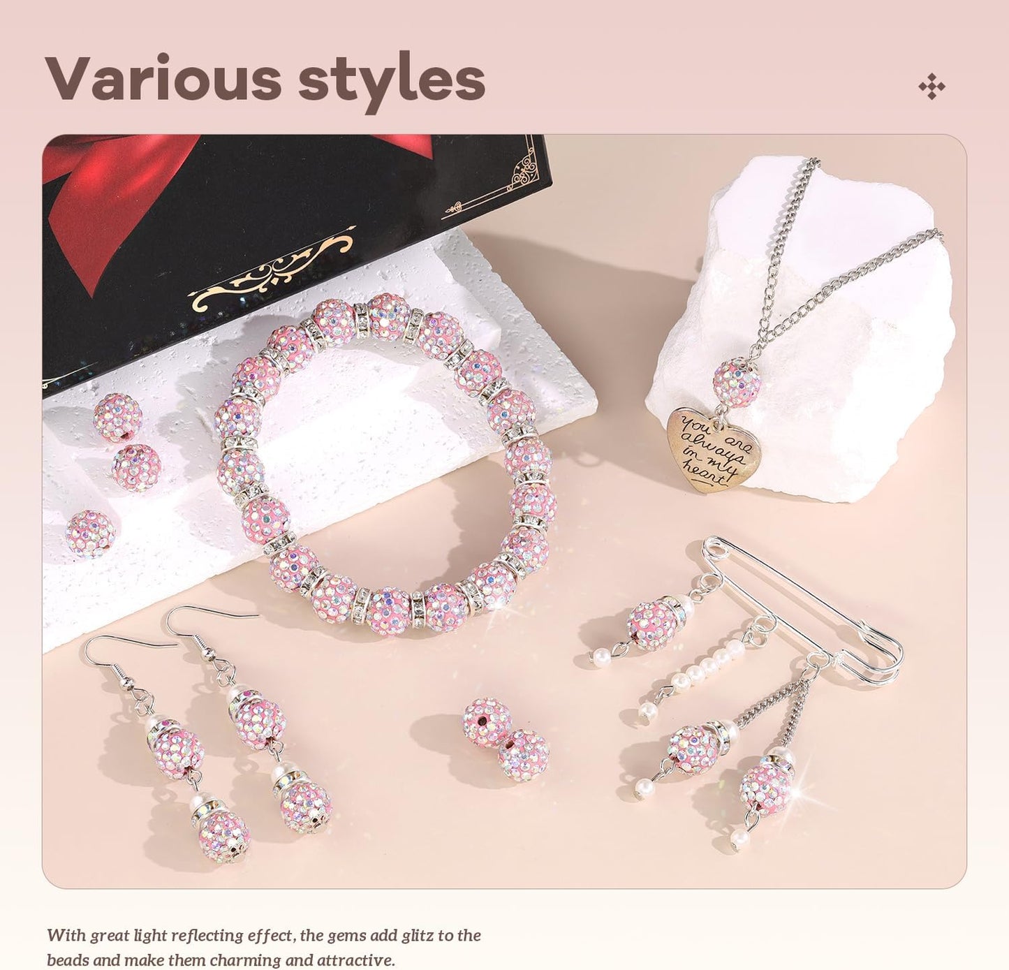 200pcs 10mm Rhinestone Beads for Jewelry Making, Pink AB Shiny Round Disco Ball Beads Bulk, Sparkle Crystal Clay Christmas for Bracelet Baseball Necklace Earring Crafting and DIY