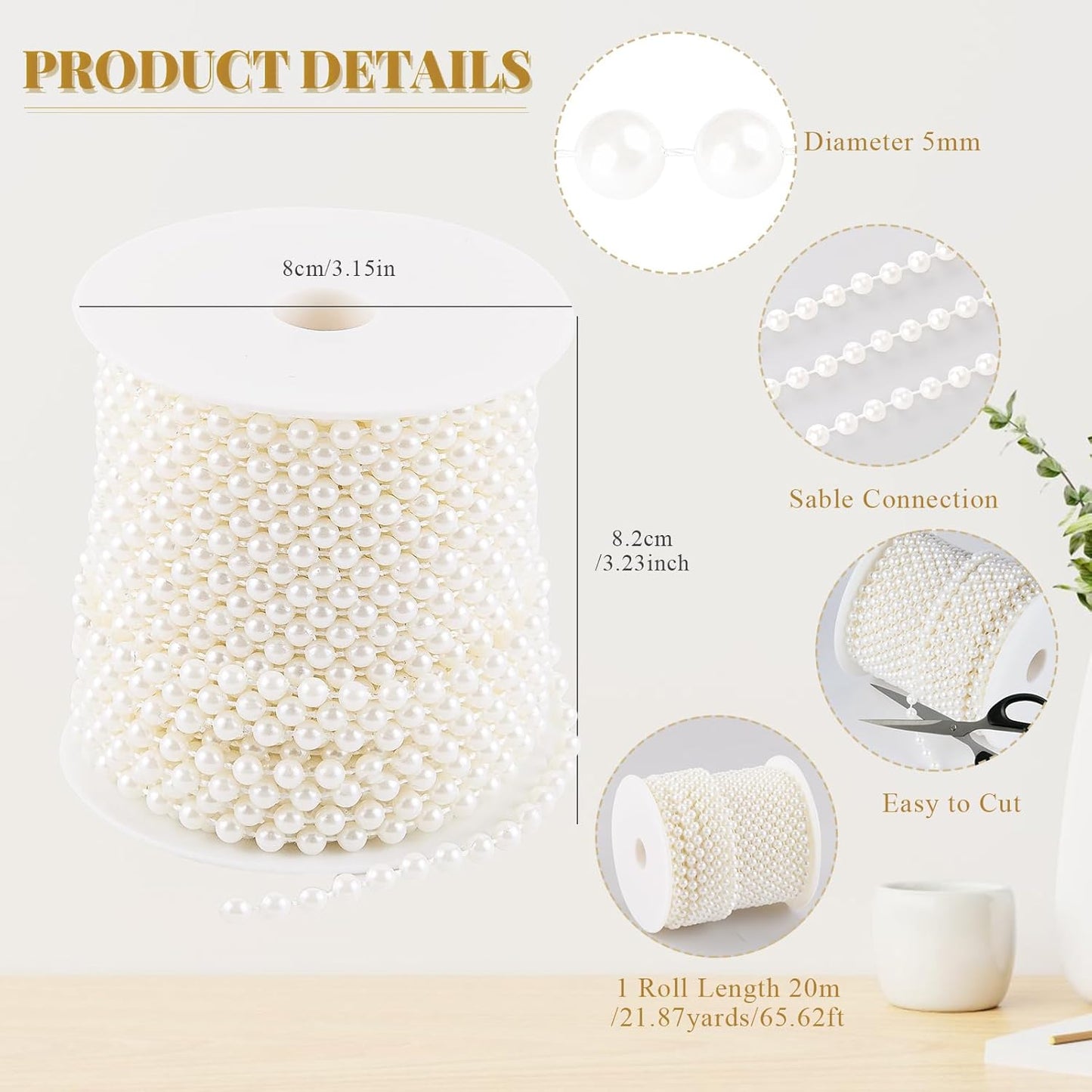 5mm Pearl Beads 66 Feet Pearls String Garland Roll Strand Artificial Beads Chain for Wedding Centerpiece Backdrop Christmas Tree Decoration DIY, Ivory