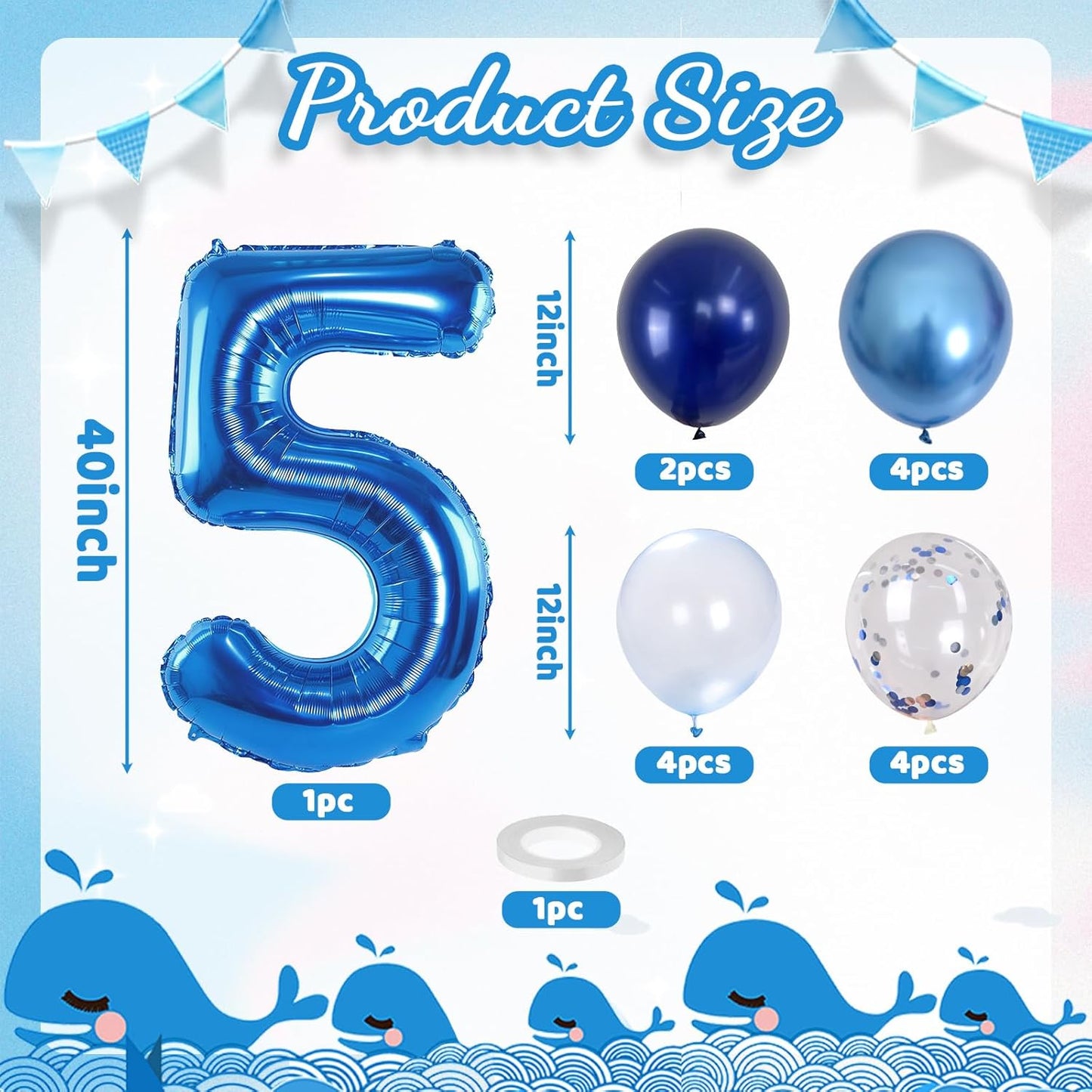 Large Foil Number 5 Balloons, 101cm Light Navy Blue 5 Helium Balloon with Metallic Silver Confetti Balloon for Kids 5th Birthday Party Decor, Mylar Self Inflating 5 Balloon for Graduation Decorations