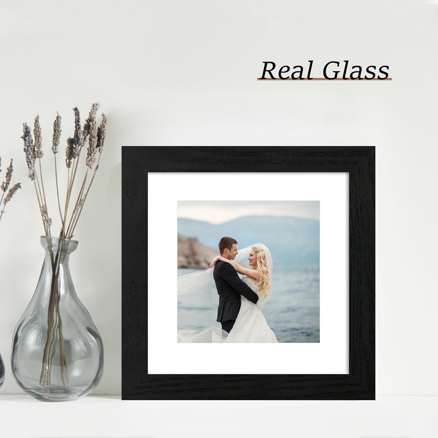 8x8 Picture Frames Set of 4 with High Definition Real Glass, Black Frames Display 6x6 Picture with Mat or 8x8 Without Mat, Wood Square 8 x 8 Photo Frame for Wall Mount and Tabletop Display