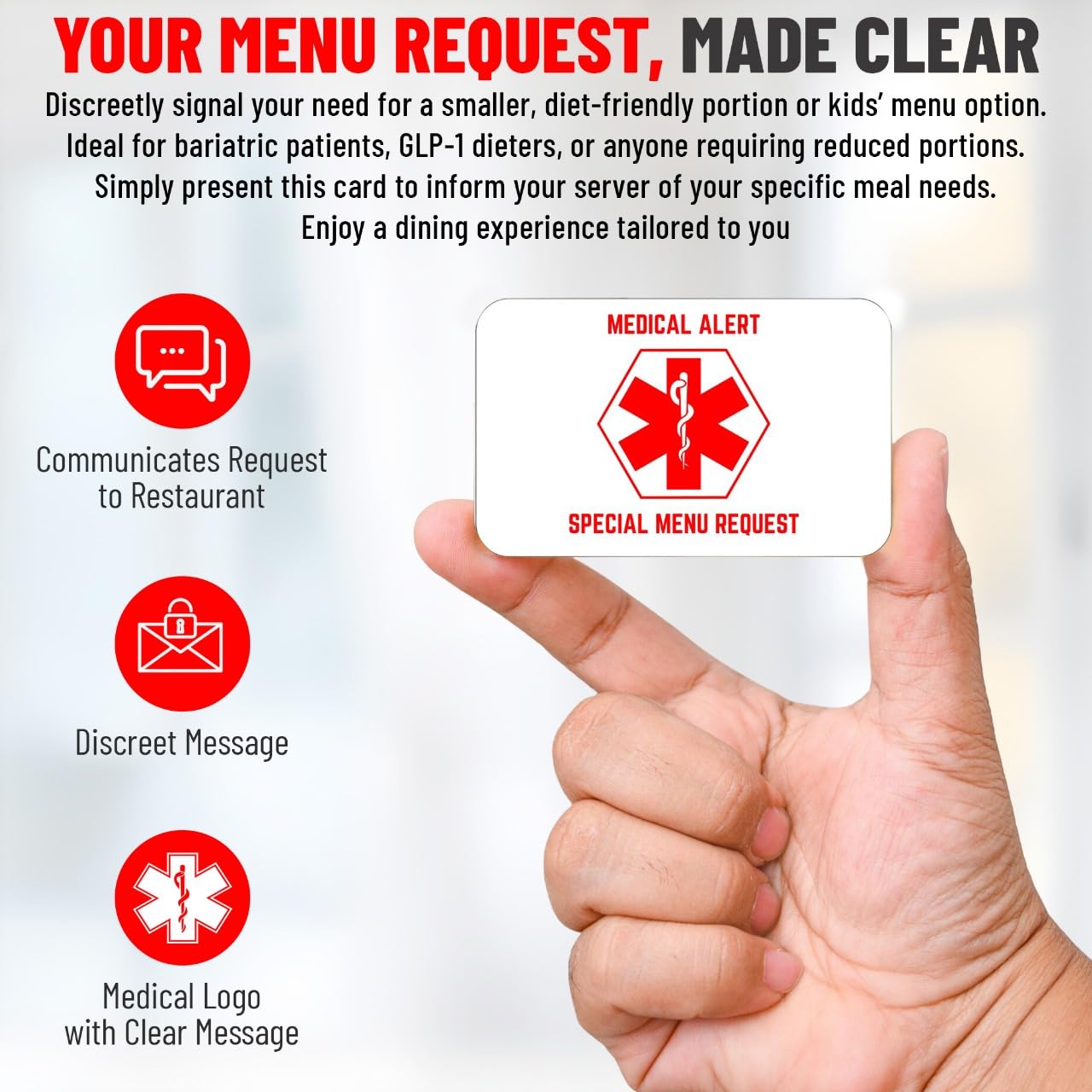 Bariatric Card for Restaurants, Special Menu Request Card, Portion Control Restaurant Request for Bariatric or Gastric Sleeve Patients, Wallet Sized, Set of 2 Cards (2, White, 3.375in x 2.125in)