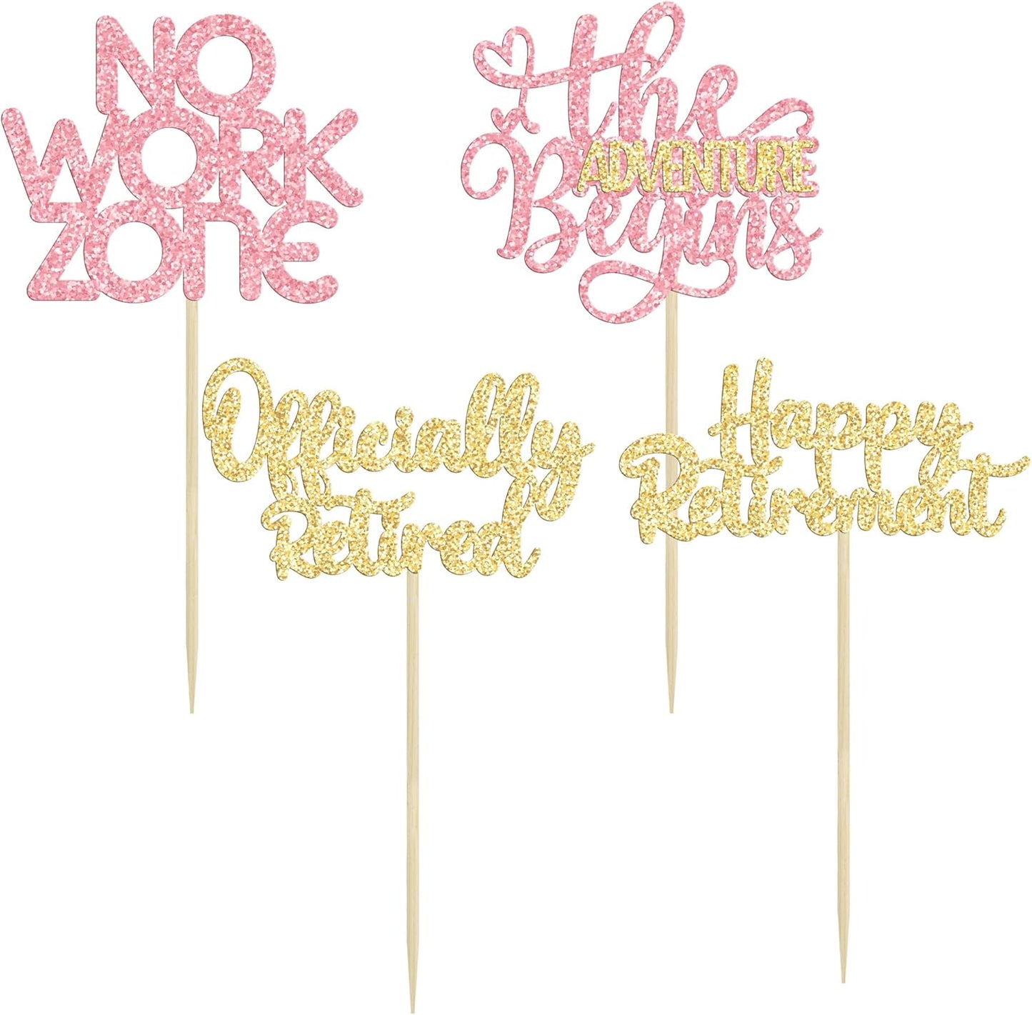 24Pcs Happy Retirement Cupcake Toppers Officially Retired Cake Toppers No Work Zone Adventure Begins Cupcake Picks Retirement Theme Farewell Birthday Party Decorations Supplies PInk Gold