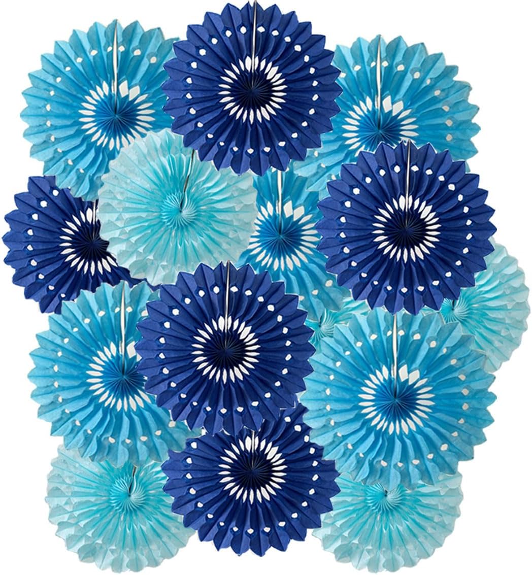 15pcs Blue Tissue Paper Fans Set - 10'' 12'' 14'' Round Honeycomb Fans for Party, Birthday, Wedding Events