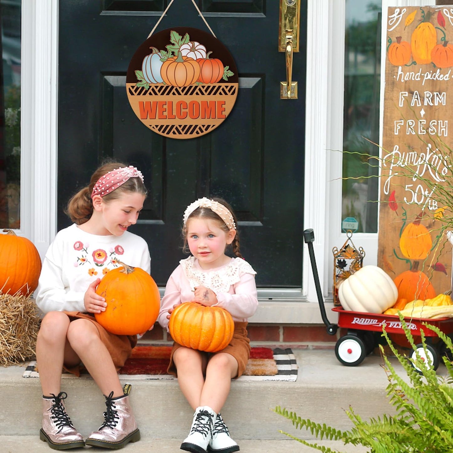 CHDITB Fall Pumpkin Welcome Front Door Sign Wreath(12"x12"), Wooden 3D Hello Fall Autumn Decoration Wall Hanging, Farmhouse Vintage Welcome Home Decor Hanger for Porch Indoor Thanksgiving