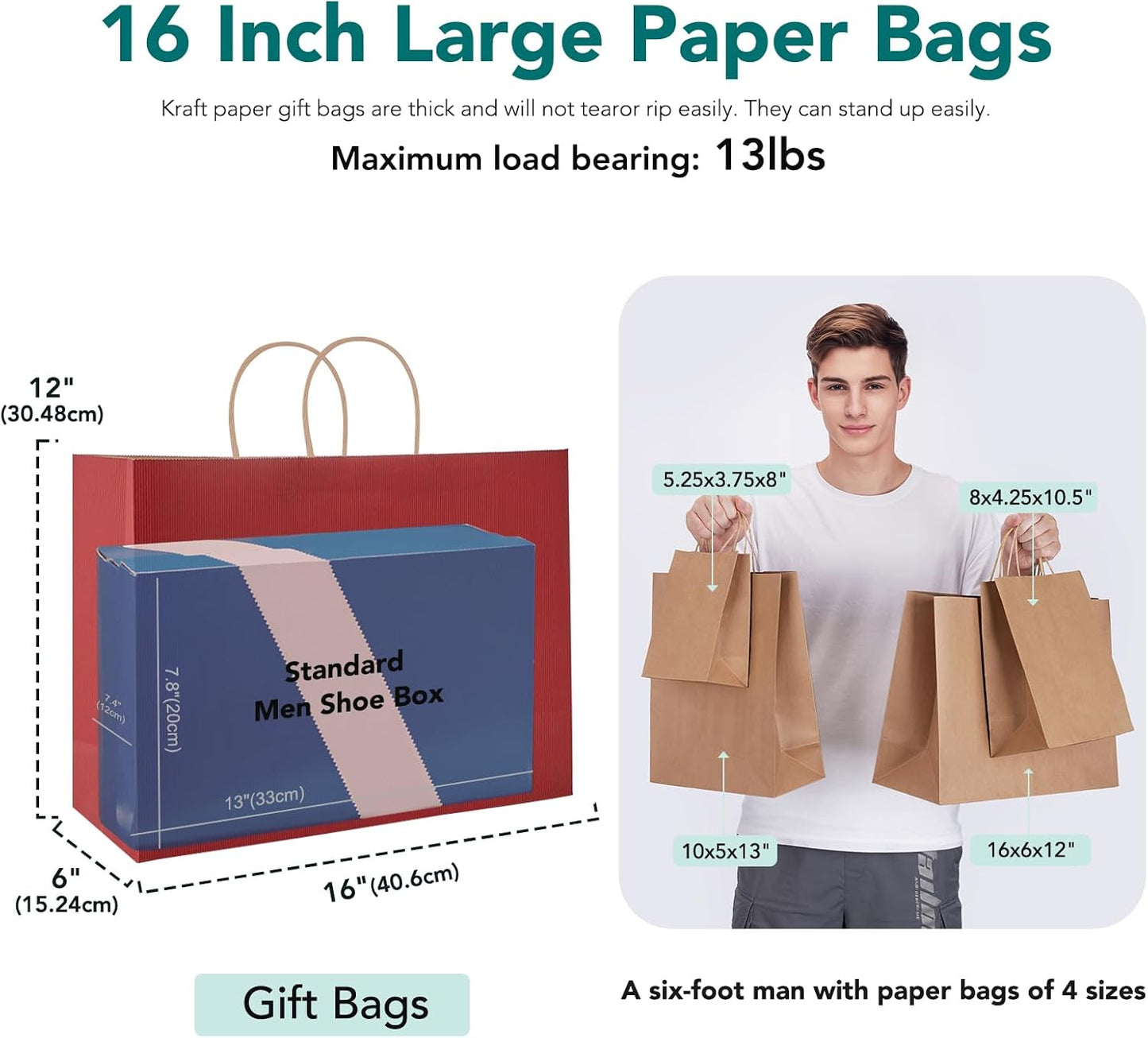 GSSUSA Gift Bags Large with Handles 16x6x12 Red 50Pcs, Kraft Paper Bags Bulk for Small Business, Paper Shopping Bag, Grocery, Shopping for Boutique, Party, Wedding
