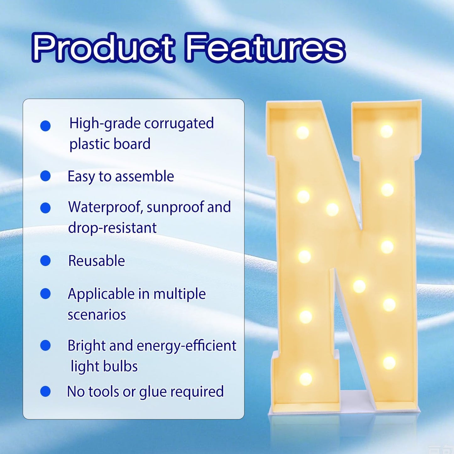 4FT Marquee Plastic Letters N - Light up Letters N Are Made from Corrugated Plastic Board - Quick Assembly Without Tools, Disassembled Components Can Be Used for Garage Sale Signs, Yard Sale Signs