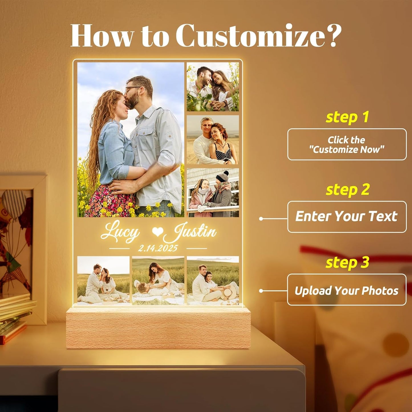 Personalized Anniversary Birthday Gifts for Women and Men, Custom Picture Frames with Photos, Personalized Photo Frame with Night Light, Customized Couple Gifts for Him Her Boyfriend Girlfriend