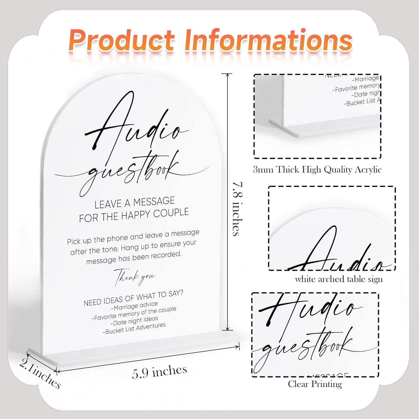 Audio Guest Book Sign, White Arch Acrylic Wedding Sign, Audio Guest Book Wedding Phone, Bridal Shower Decor, Engagement Party Decor, Centerpiece Table Decorations Party for Bride and Groom-19