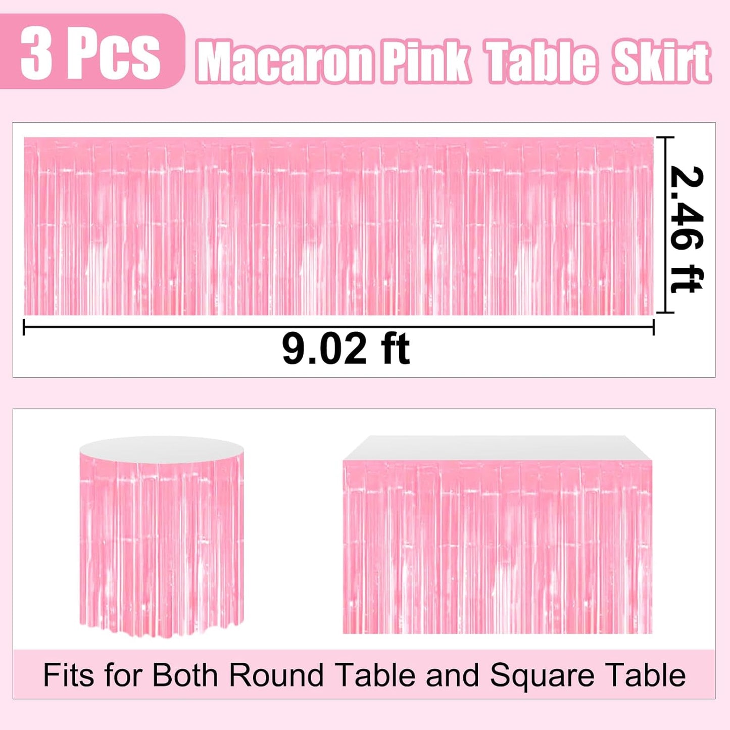3 Pack 29 x108 Inch Macaron Pink Foil Fringe Table Skirts Metallic Banner for Tinsel Streamer Garland Backdrop for Parade Floats Wedding Thanksgiving Birthday Christmas New Year Party Decoration