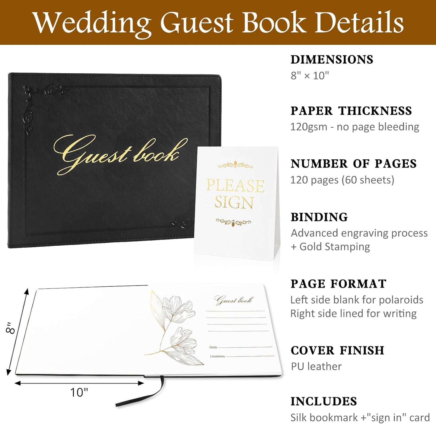 8x10 Leather Guest Book and Standup Sign Set, Gold Foiled Cover Registry Book for Wedding Reception, Retirement Party, Vacation Homes and Events, 120 Pages (Black)
