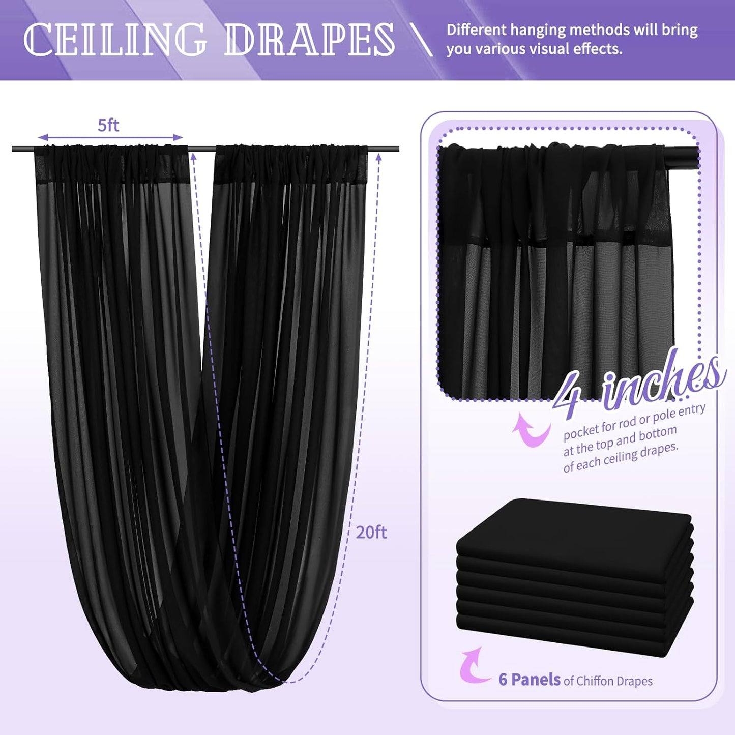 6 Panels Black Ceiling Drapes for Wedding 5ftx20ft Chiffon Fabric Arch Draping Curtains Sheer Drapery for Party Ceremony Birthday Baby Shower Reception Stage Swag Ceiling Decorations