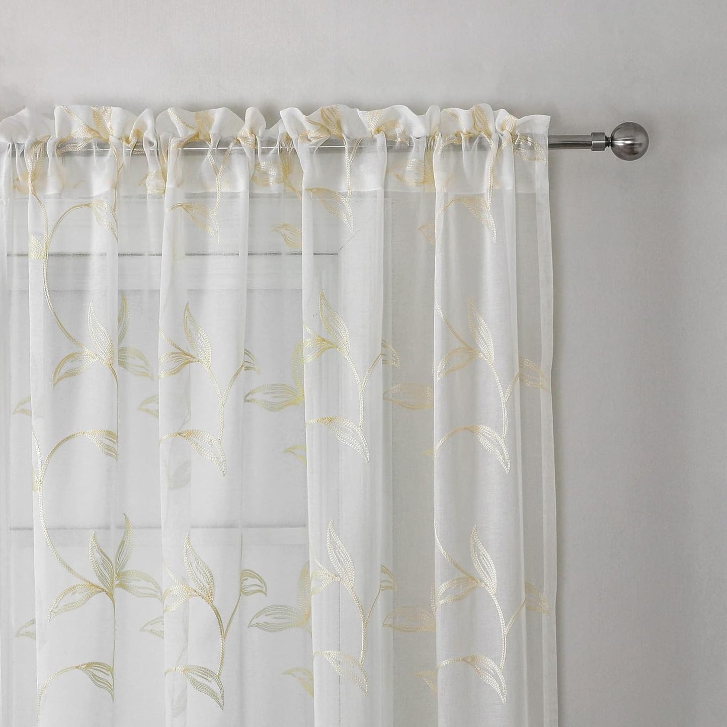 VISIONTEX Sheer Curtains 120 inch Length 2 Panels Set, White Voile Crushed Cream Vine Leaves Embroidery, Rod Pocket Embroidered Window Drapes for Living Room and Bedroom, 54" x 120"